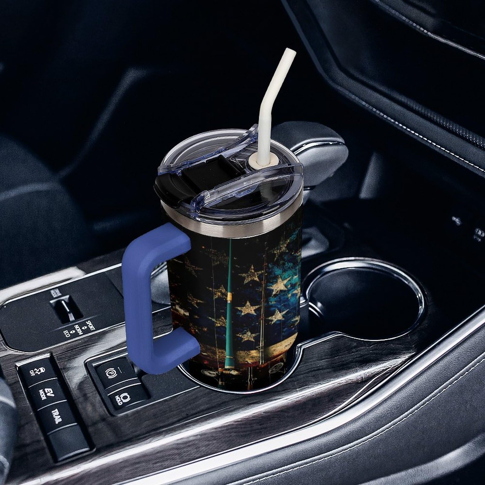 Becher mit Griff und Angelrute mit USA-Flagge, 1,2 l, Reise-Kaffeebecher, großes Fassungsvermögen, Autobecher, Wasserflasche