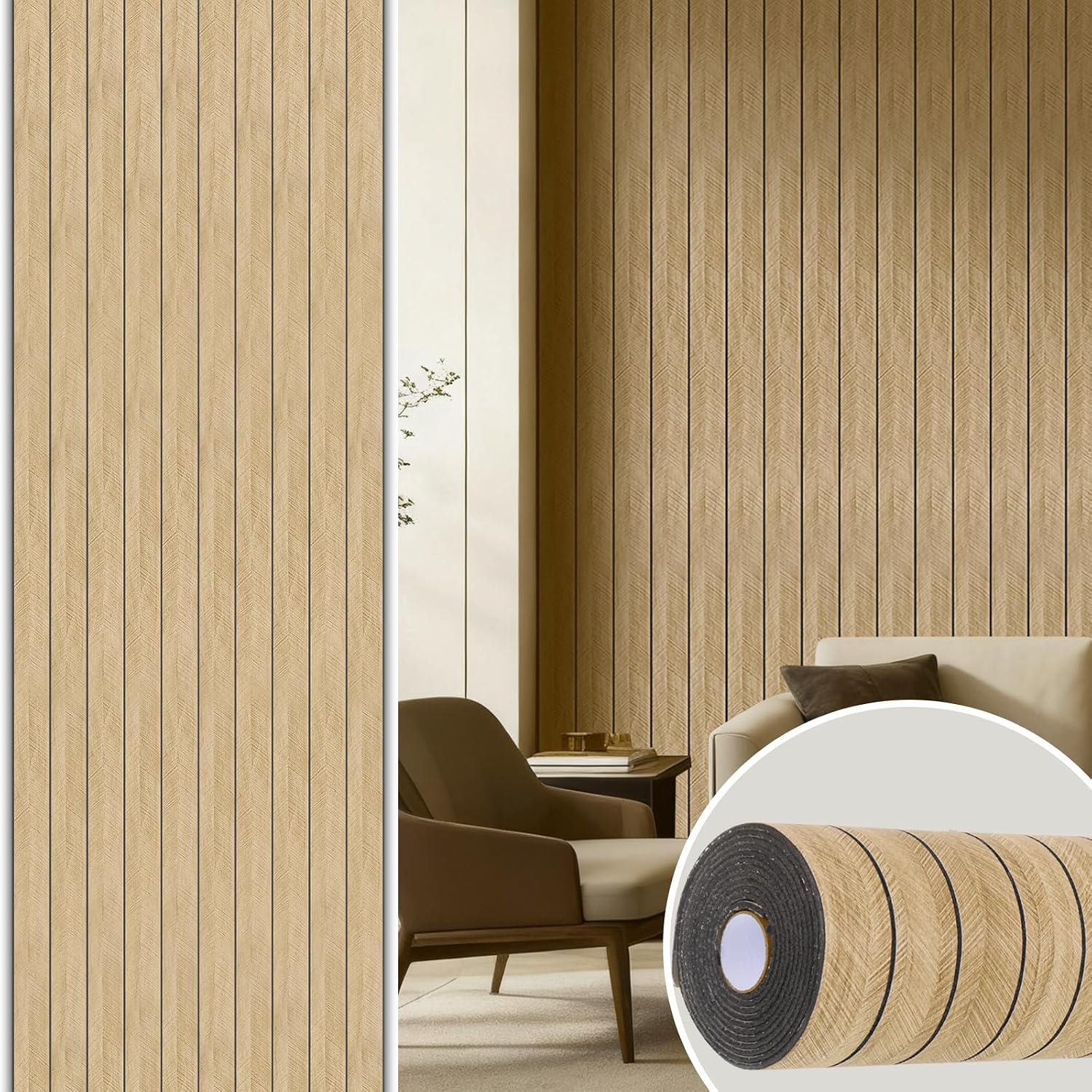 Peel and Stick Slat Wall Panel, 1 Roll 118.1 x 15.7 in, Brown Faux Wood Grain 3D Wall Panel, Self Adhesive PVC Wallpaper for Bedroom Living Room Office Decor