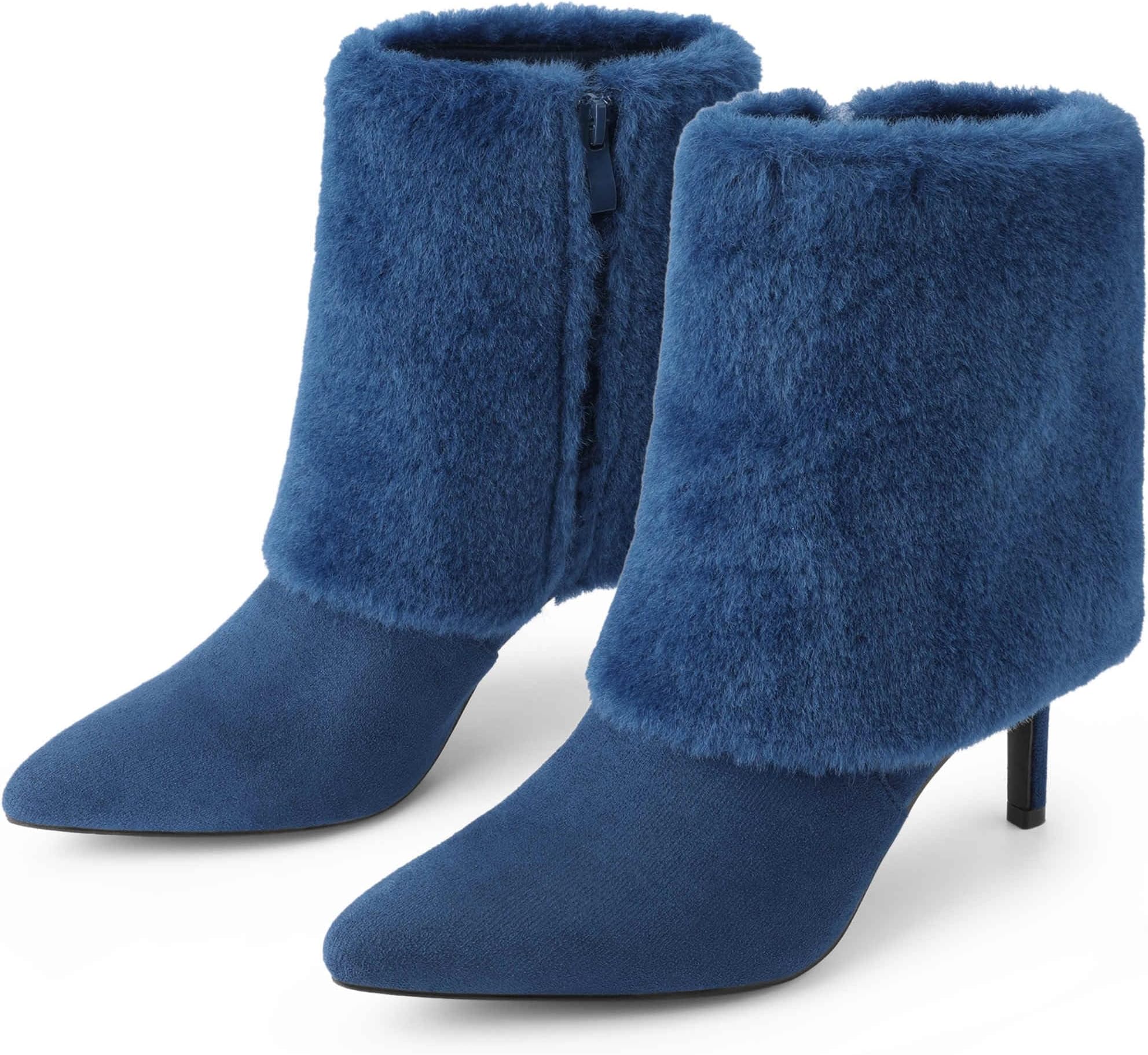 – Faux Fur Pointed Toe Stiletto Heel Ankle Boots for Women Winter Fall Boots