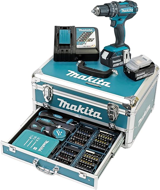 Generic Makita DHP482RFX9 Schlagbohrschrauber 18V / 3,0 Ah, 2 Akkus plus Ladegerät im Alukoffer, Petrol, 96-tlg. Zubehör-Set — Akkuschrauber