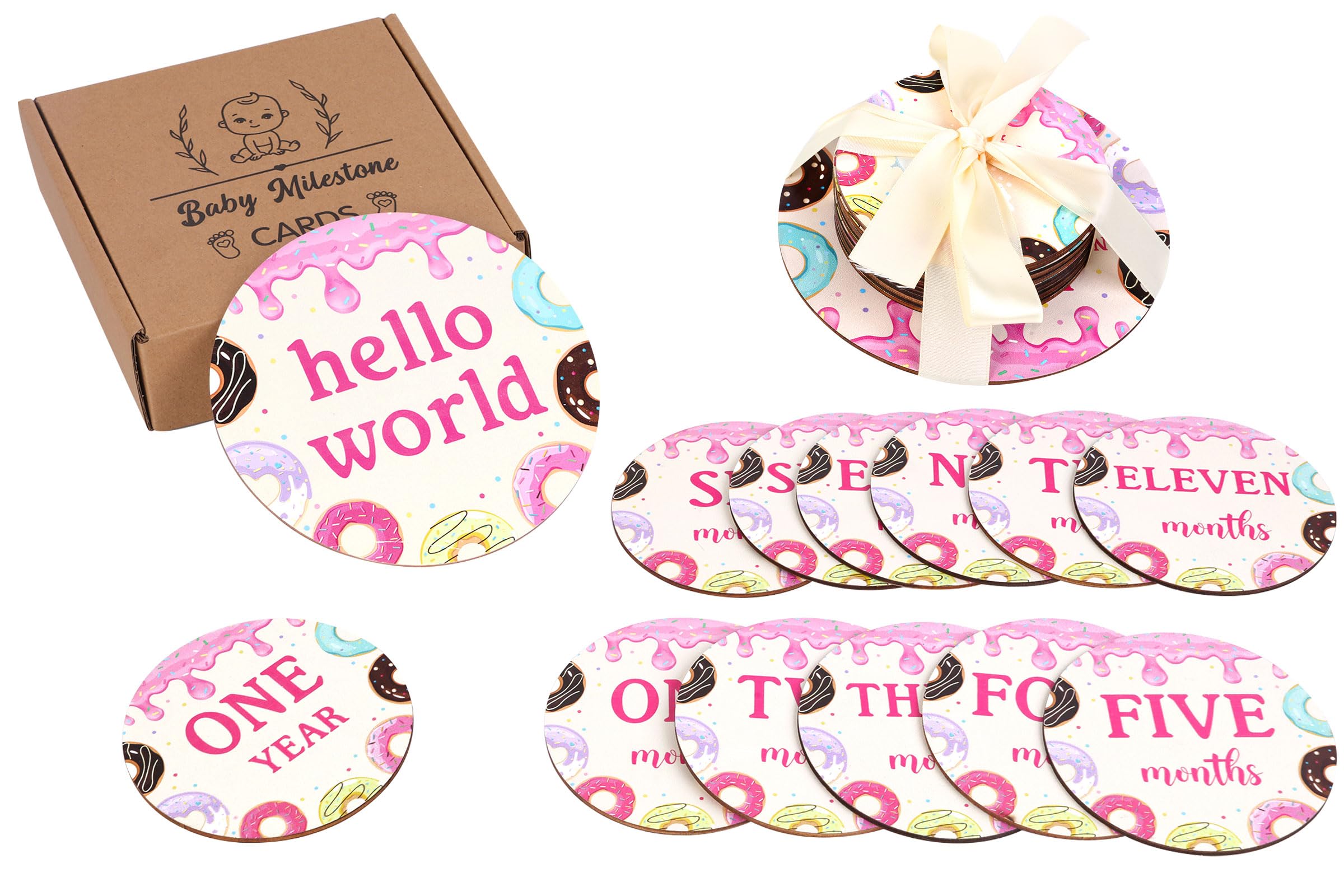 Sursurprise Donut Milestone Cards, Baby Girl Monthly Milestone Markers, Wooden Milestone Cards, 13PCS Donut Double Sided Hello World Newborn 1-12 Months Circles Discs Signs Props