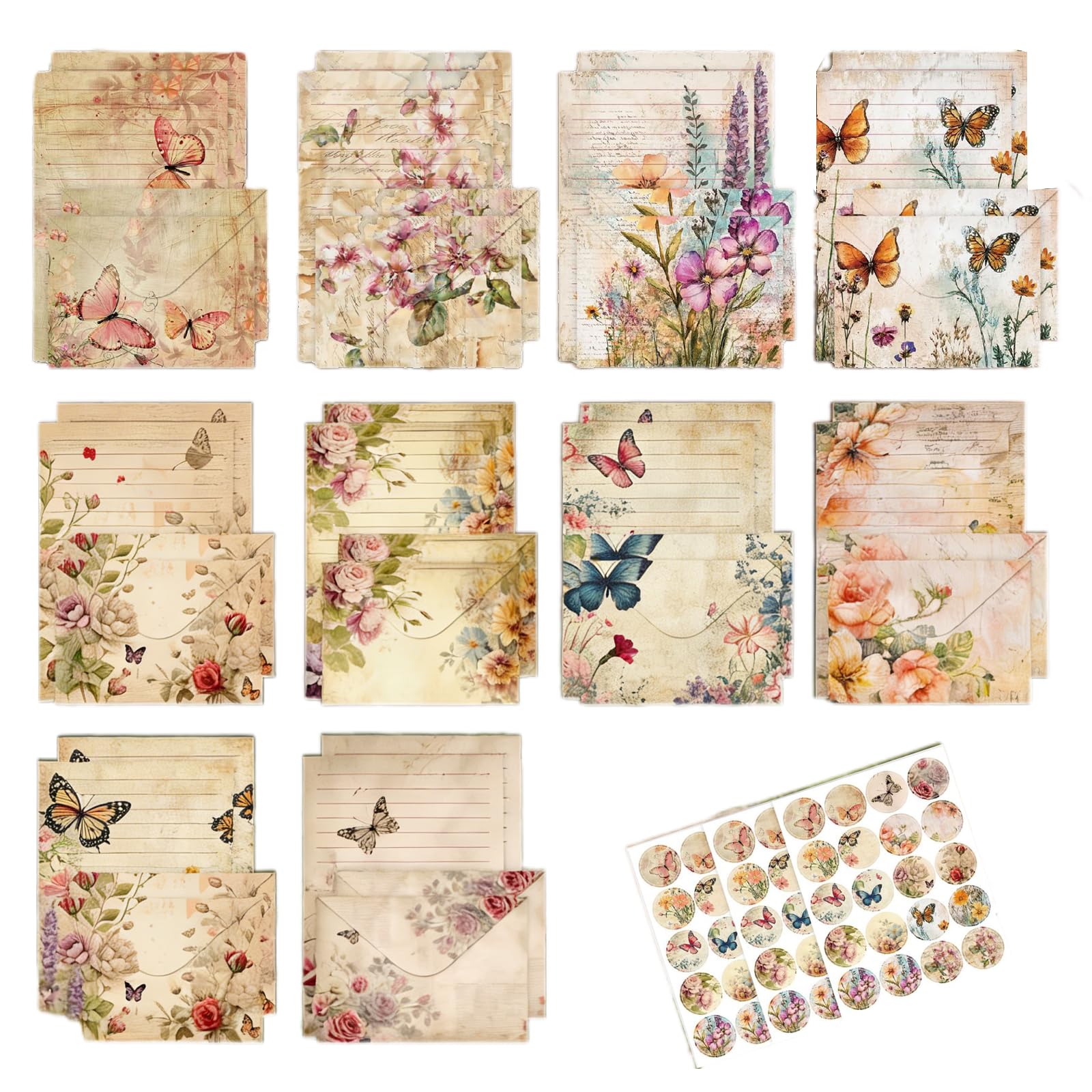 160Pcs Vintage Floral Writing Stationery Paper with 50Pcs Writing Stationery Paper 50Pcs Envelops and 60Pcs Stickers 10 Different Themed Letter Writing Paper Set for Love Letters, Invitations, Office