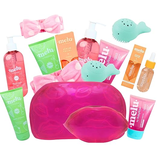 Kit Skincare Completo Melu Adolescentes 8 Itens Spa Day Teen Meninas Cuidados com a Pele Sabonete Corpo e Mãos, Loção Hidratante, Sabonete Facial, Serum Facial, Necessaire, Esponja Facial, Faixa Skincare