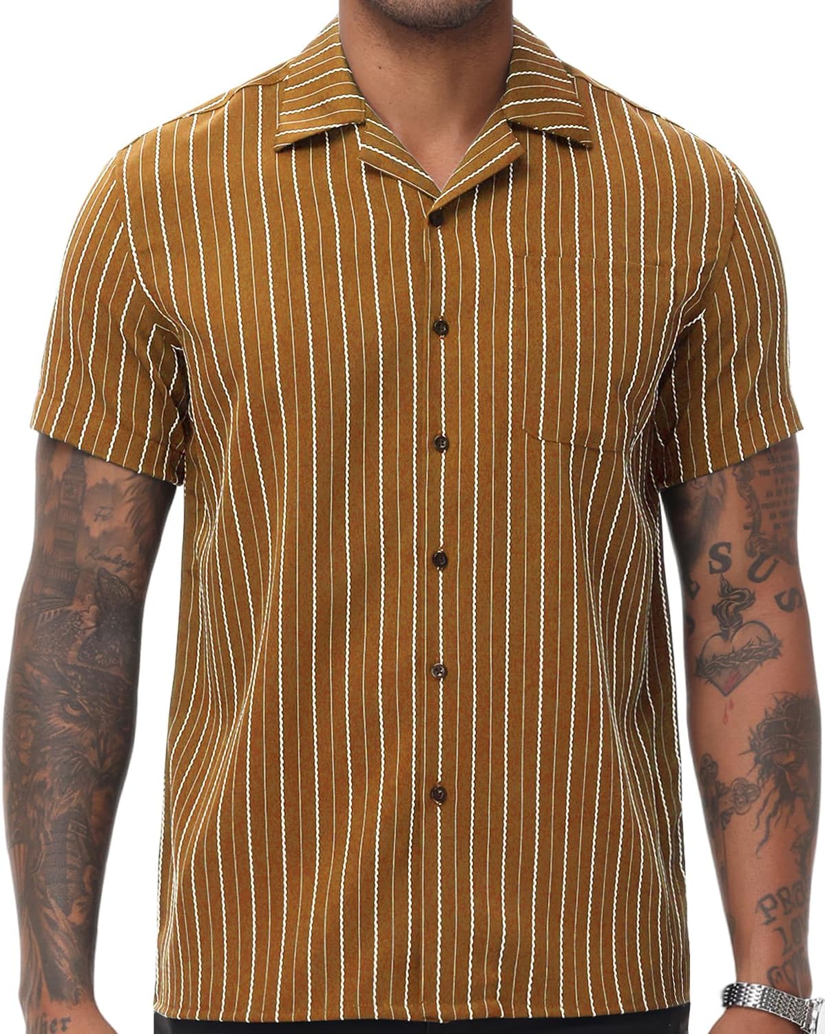 TUNEVUSE Men Hawaiian Shirt Vintage Striped Shirt Short Sleeve Summer Beach Causal Cuban Collar Shirt with Pocket