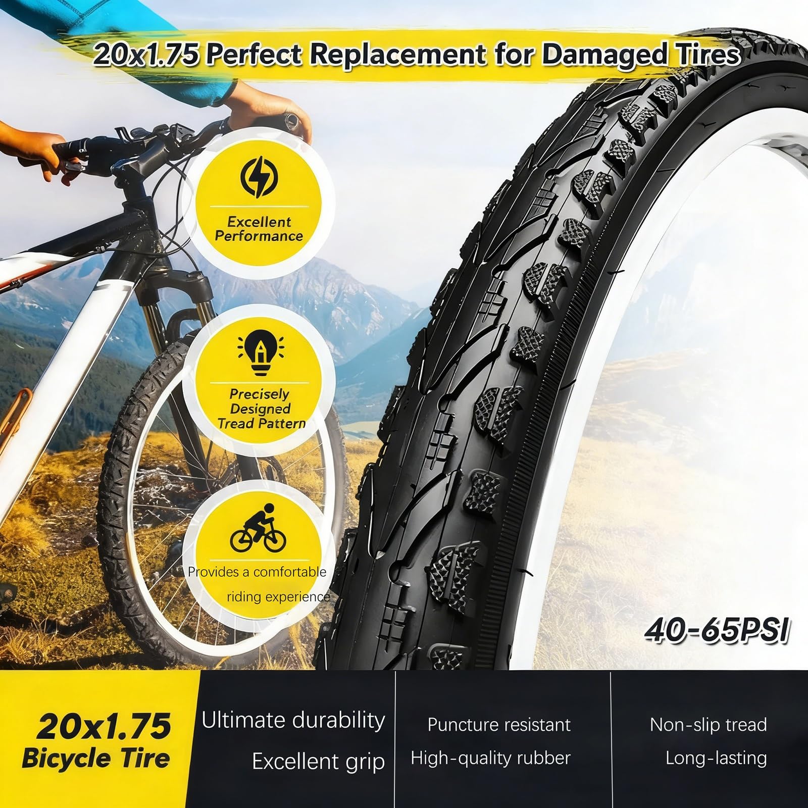 2PCS 20x1.75 Opona Rowerowa z Wzmocnioną Ścianą i Ochroną Przed Przebiciem, Idealna do Rowerów Górskich, Miejskich i Komunikacyjnych, Wysoka Wytrzymałość Gumy, 40-65 PSI