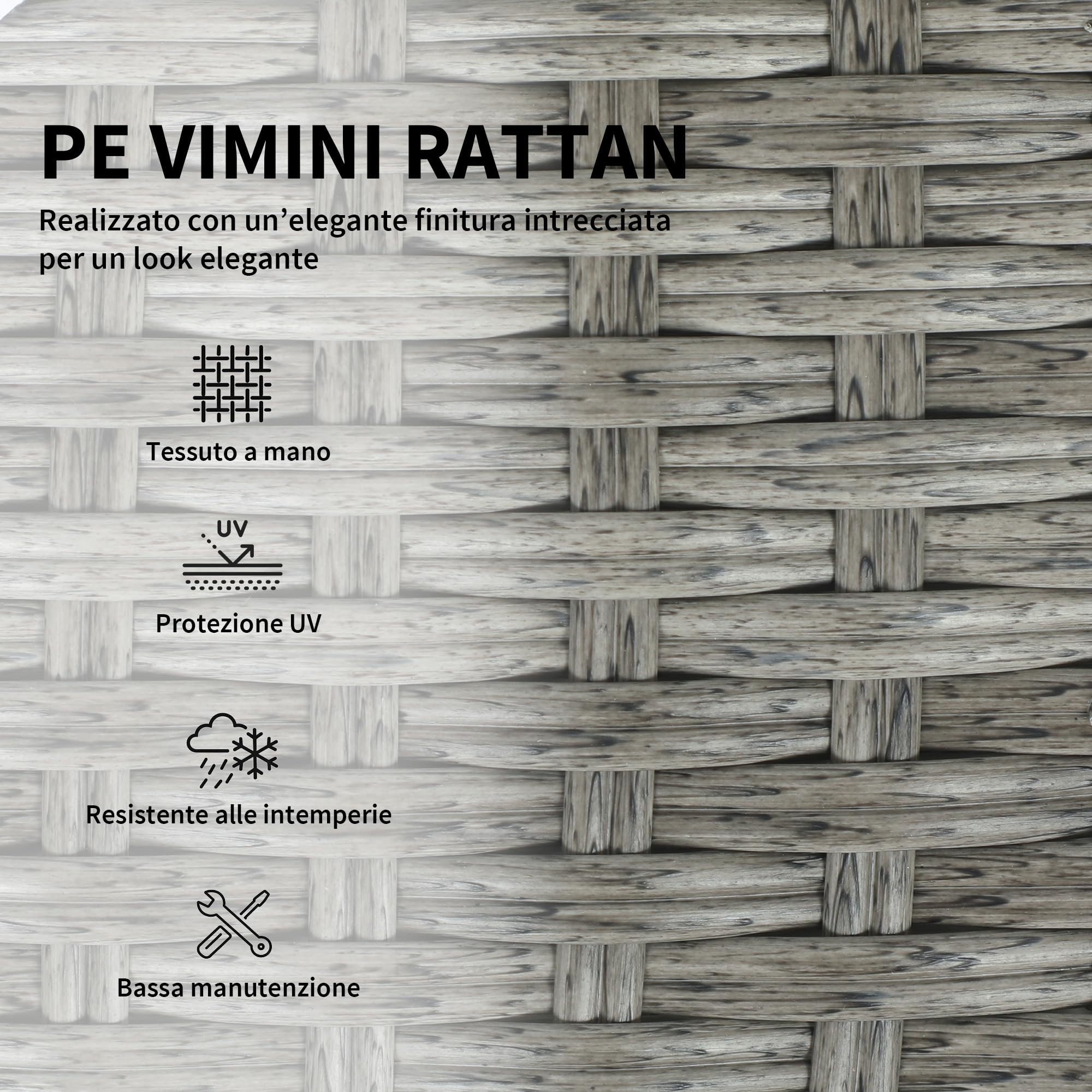 Outsunny Set Salotto da Giardino in Rattan 6 Pezzi, Set di Mobili da Giardino Sovrapponibili Salvaspazio in Acciaio con Divano 2 Posti, 2 Poltrone, 2 Poggiapiedi, Tavolo Vetro, Cuscini, Grigio Scuro