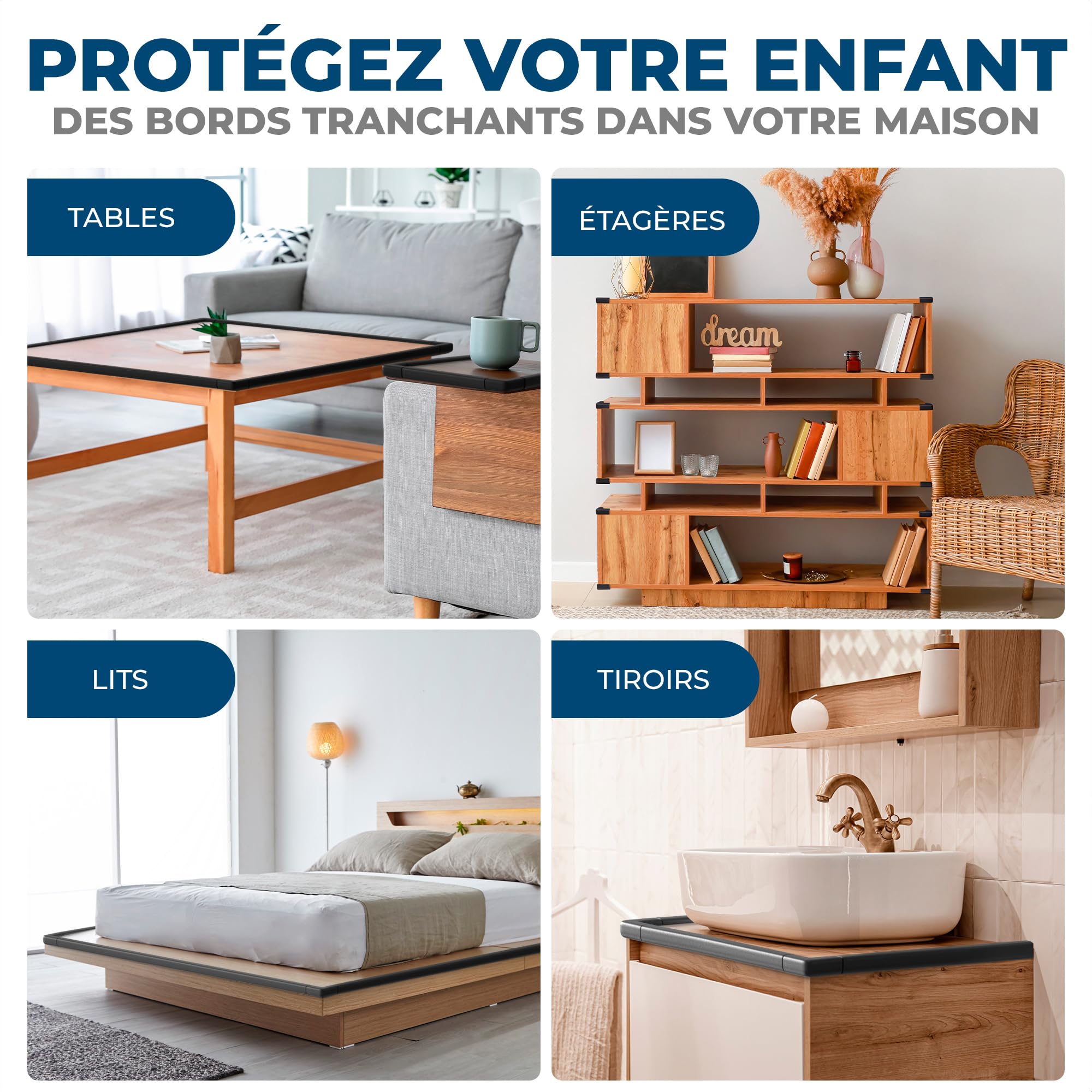 Hoffenbach Protection en Mousse pour Bords & Coins – Bande de Sécurité 6,2 m pour Table & 12x Coussins d’Angle – Lit Bébé – Adhésifs Antichoc – Noir