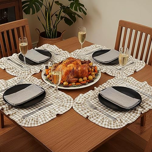 Miniatura 6 de Frienda Juego de 4 manteles individuales rectangulares con volantes, manteles individuales festoneados a cuadros marrón claro de 13.8 x 17.7