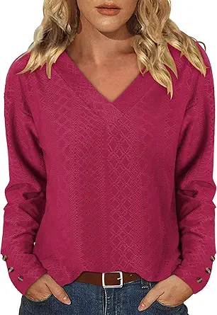 KISSMODA Long Sleeve Fall Shirts For Women V Neck Tunic Tops Embroidered Button Down Knitted Blouses 2025
