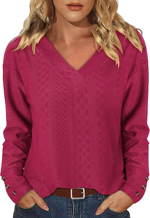 KISSMODA Long Sleeve Fall Shirts For Women V Neck Tunic Tops Embroidered Button Down Knitted Blouses 2025