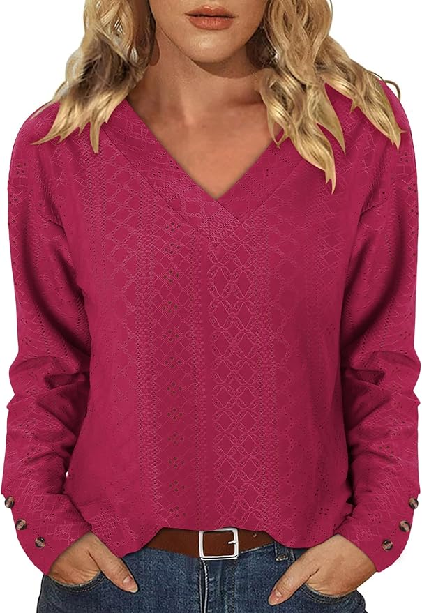 KISSMODA Long Sleeve Fall Shirts For Women V Neck Tunic Tops Embroidered Button Down Knitted Blouses 2025