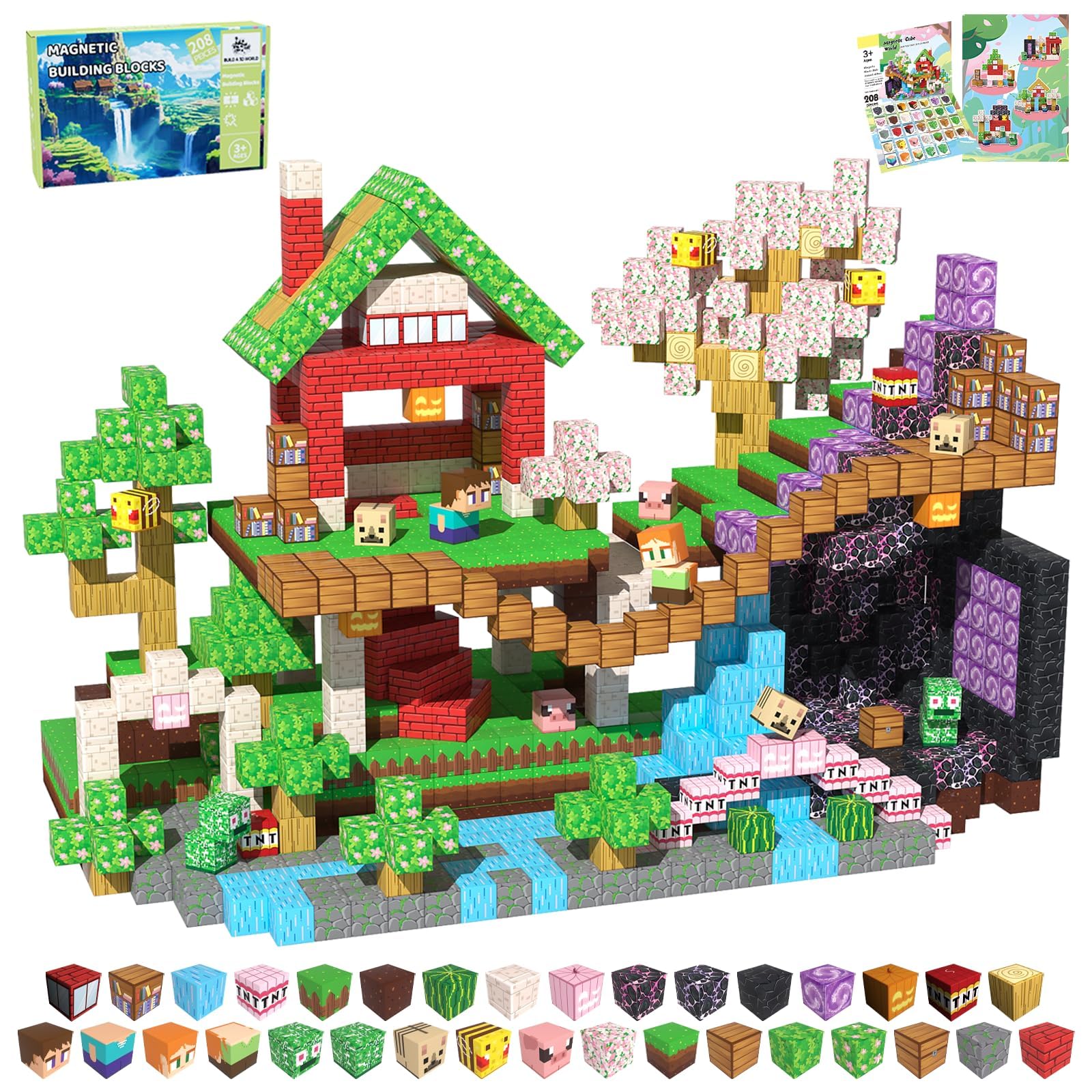 Magnetic Blocks, 208PCS Magnetic Building Blocks, Stacking Magnets for Kids, Sensory Toy for STEM Constructions Magnet Blocks for Boys Girls Age 3+, Christmas Birthday Gifts (Sakura Forest)
