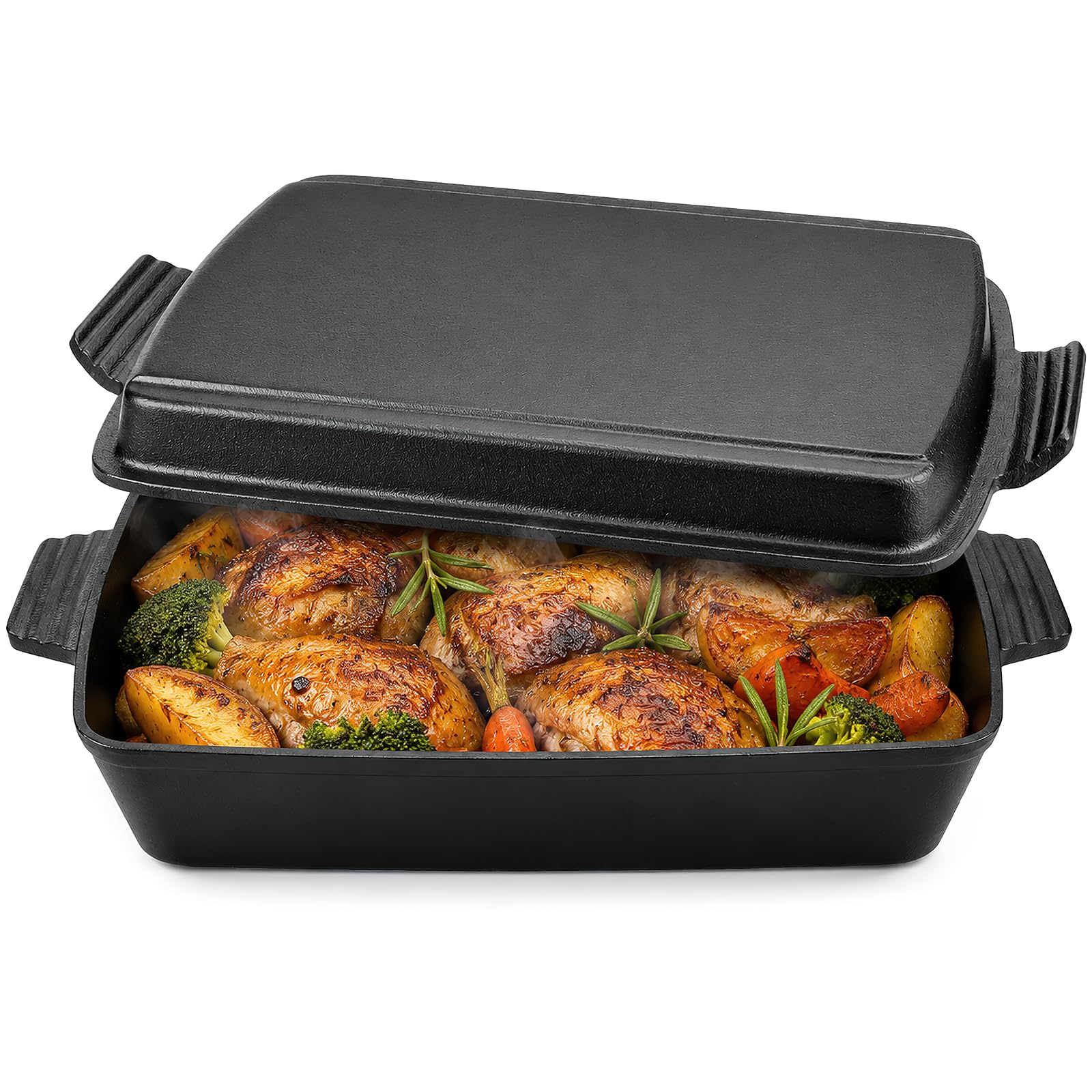2-in-1 Gusseisen Bräter mit Pfannendeckel, 6L Rechteckige Backform und Grillpfanne Set, Eingebrannt Robust und Langlebig Auflaufform für Sauerteig Brot, Braten, Induktionsgeeignet & Camping