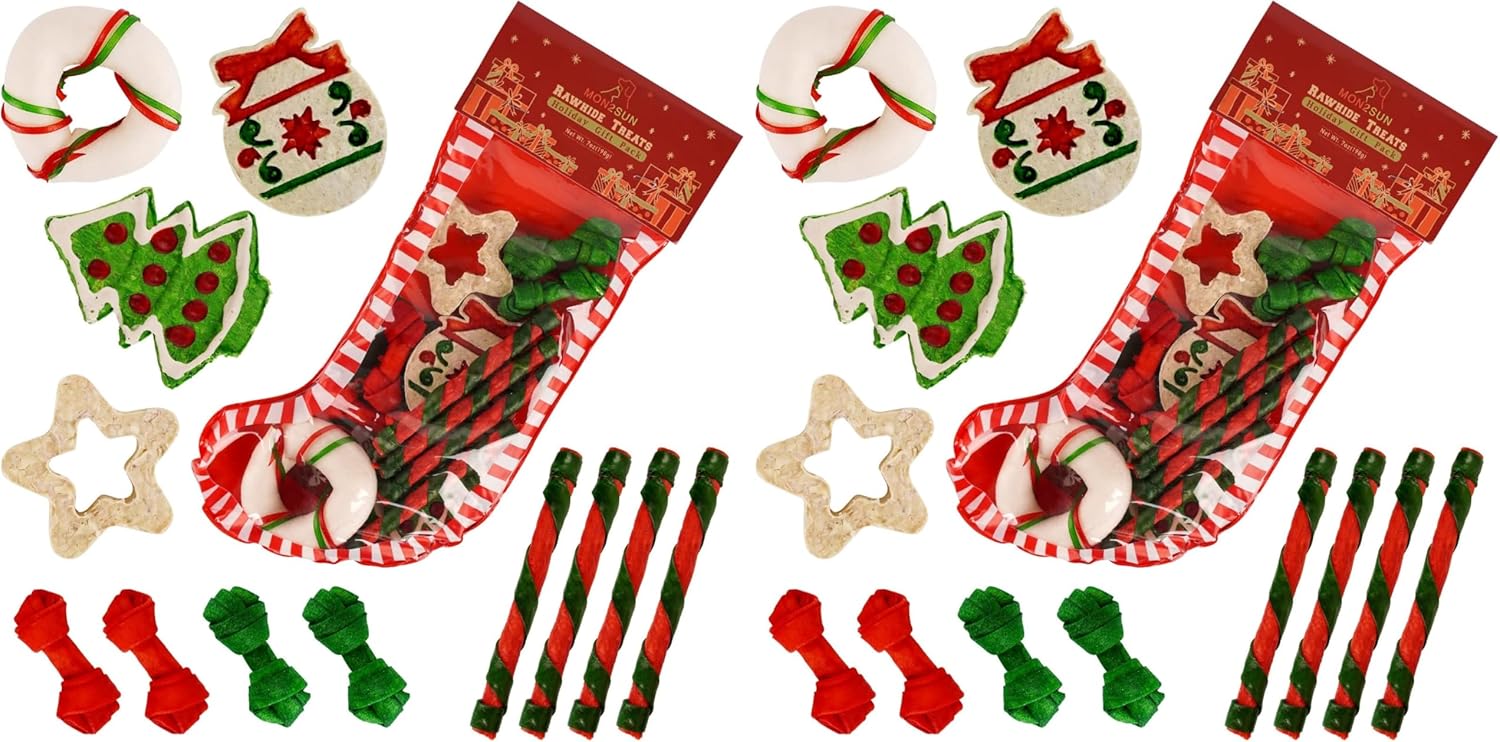 MON2SUN 12 Count Christmas Treats Dog Rawhide Holiday Stocking for Small Dogs (Pack of 2)