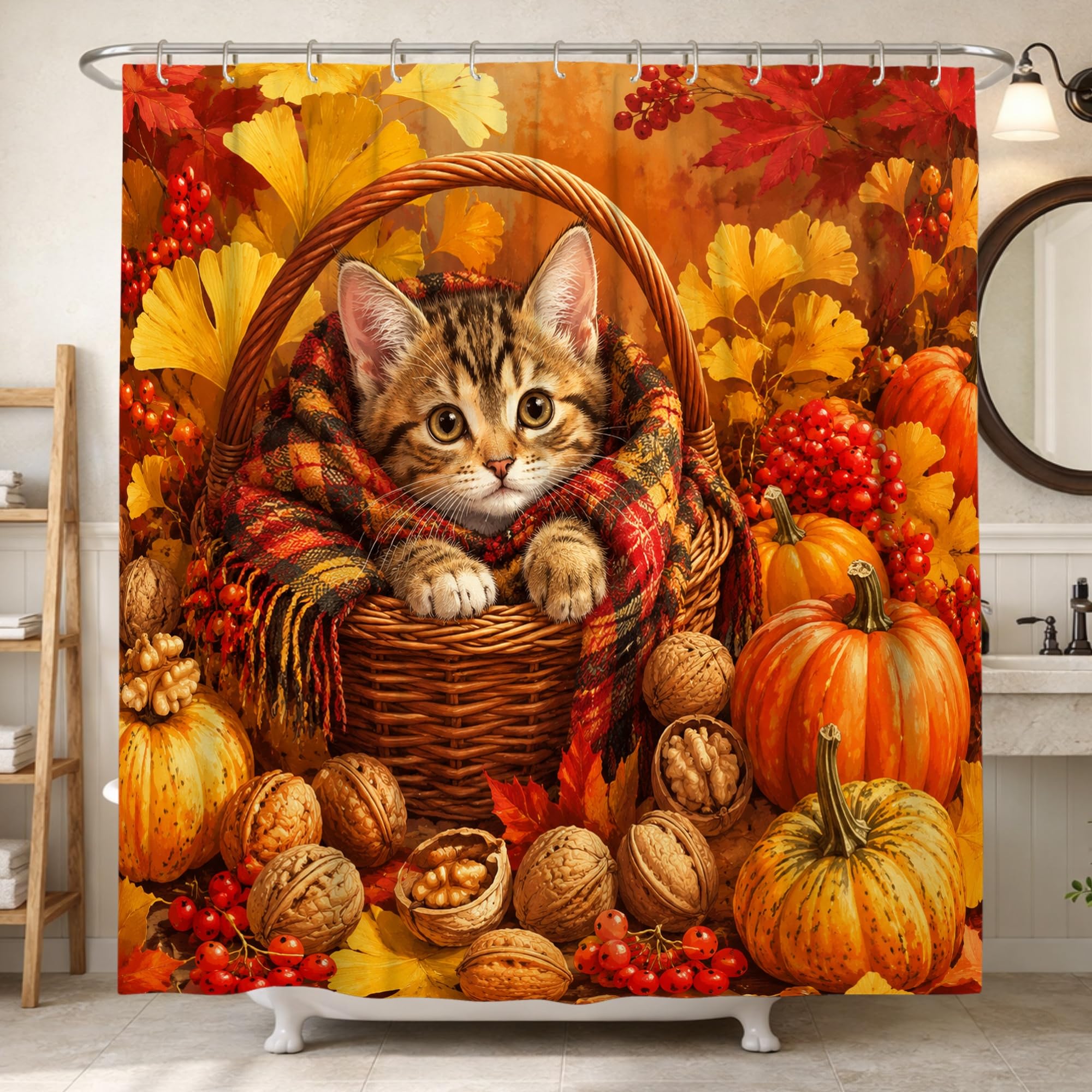 Rideau de douche chat et citrouilles pour sublimer votre salle de bain en automne 183x213 cm
