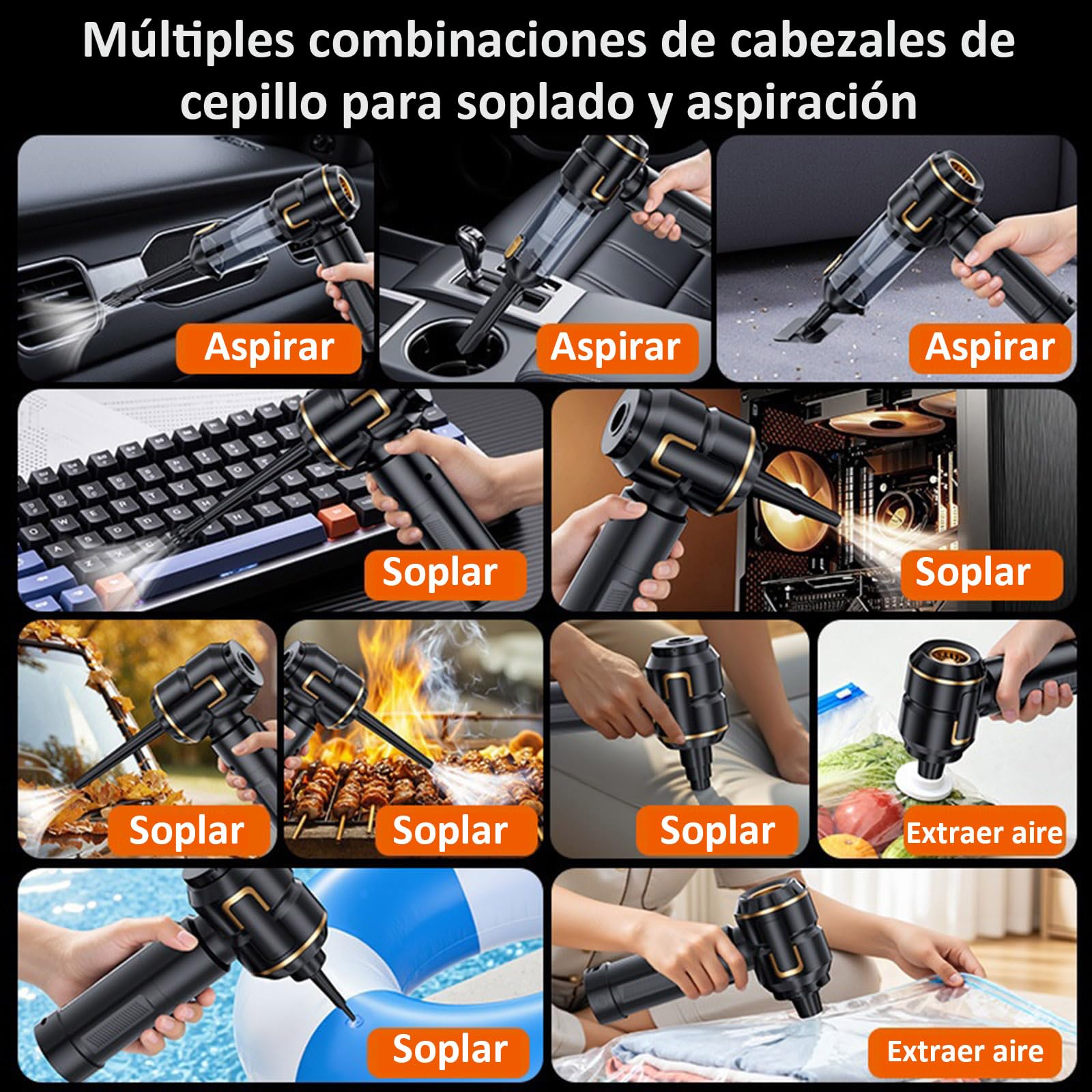 2 en 1 Soplador de Polvo Eléctrico y Aspirador con Luz, 17KPa, 6000mAh, 3 Velocidades, Soplador y Aspirador, Motor Sin Escobillas, para Coche, PC, Sofá, Mascotas, Exterior, Hogar (Negro)