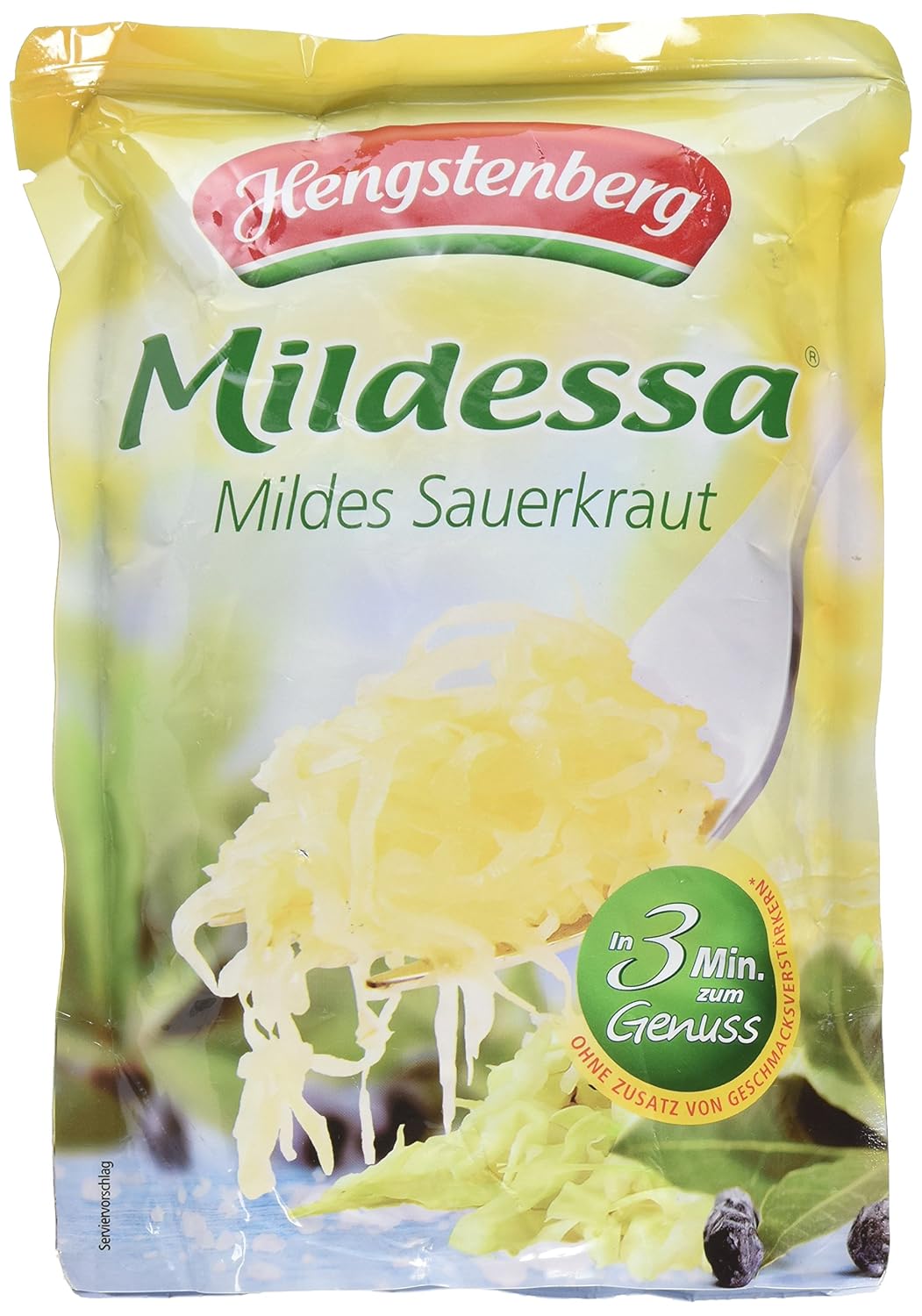 Hengstenberg Mildessa Mild Sauerkraut Pouch 14.1oz - Juicy German Fermented Cabbage High in Vitamin C Low Calorie