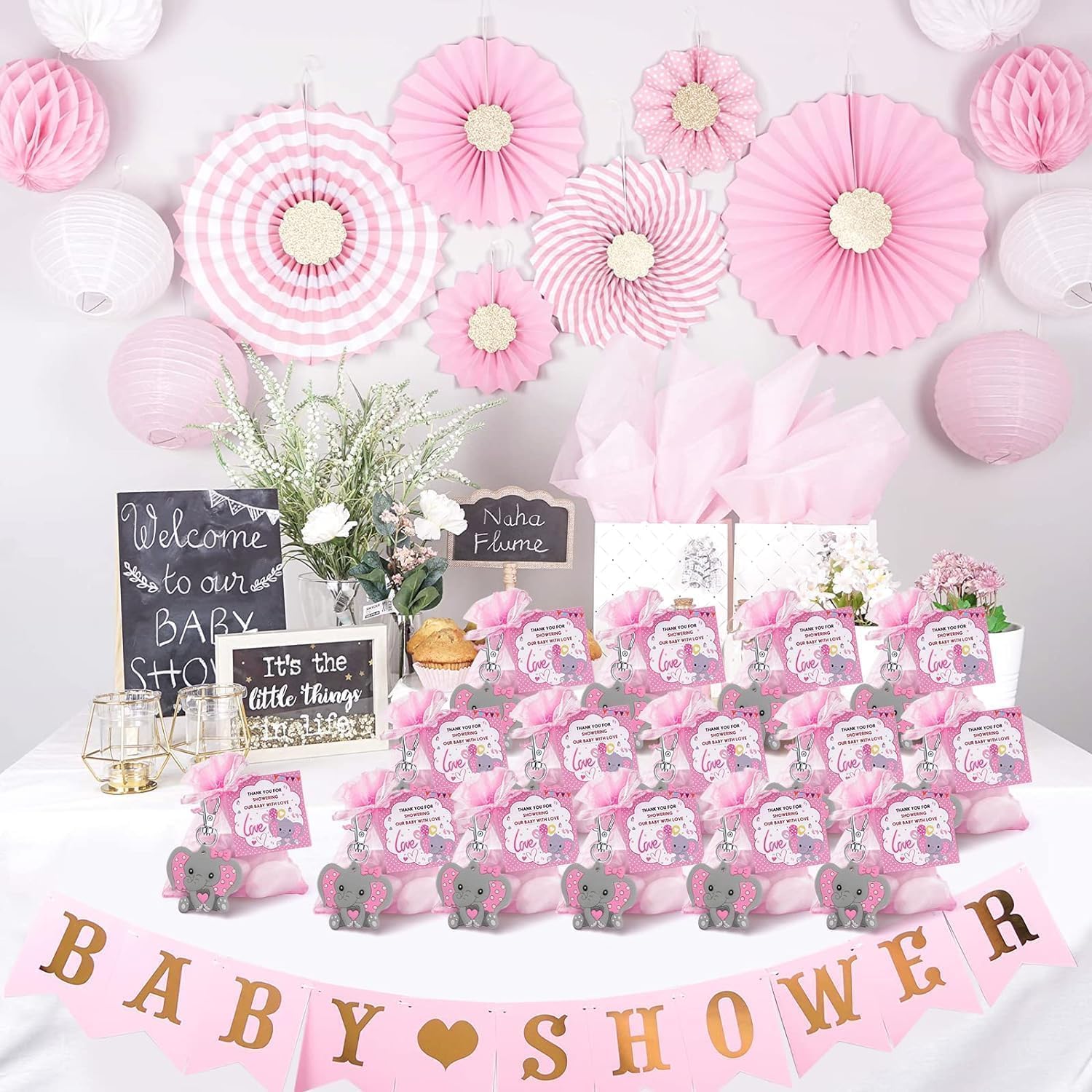 50 Sets Baptism Party Return Favors for Guests Pink Elephant Keychains Organza Bags and Thank You Kraft Tags for Elephant Theme Party Favors, Baptism Party Supplies