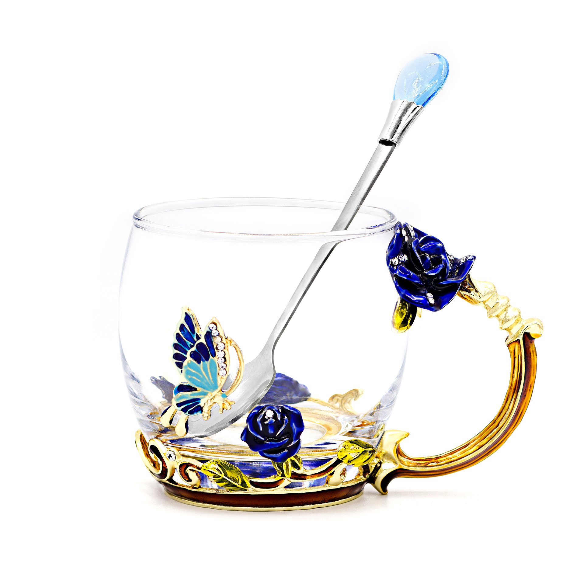 Smartclang Handmade Enamel Cup Glass Coffee Mug with Spoon Set (Blue rose, Short 12oz)