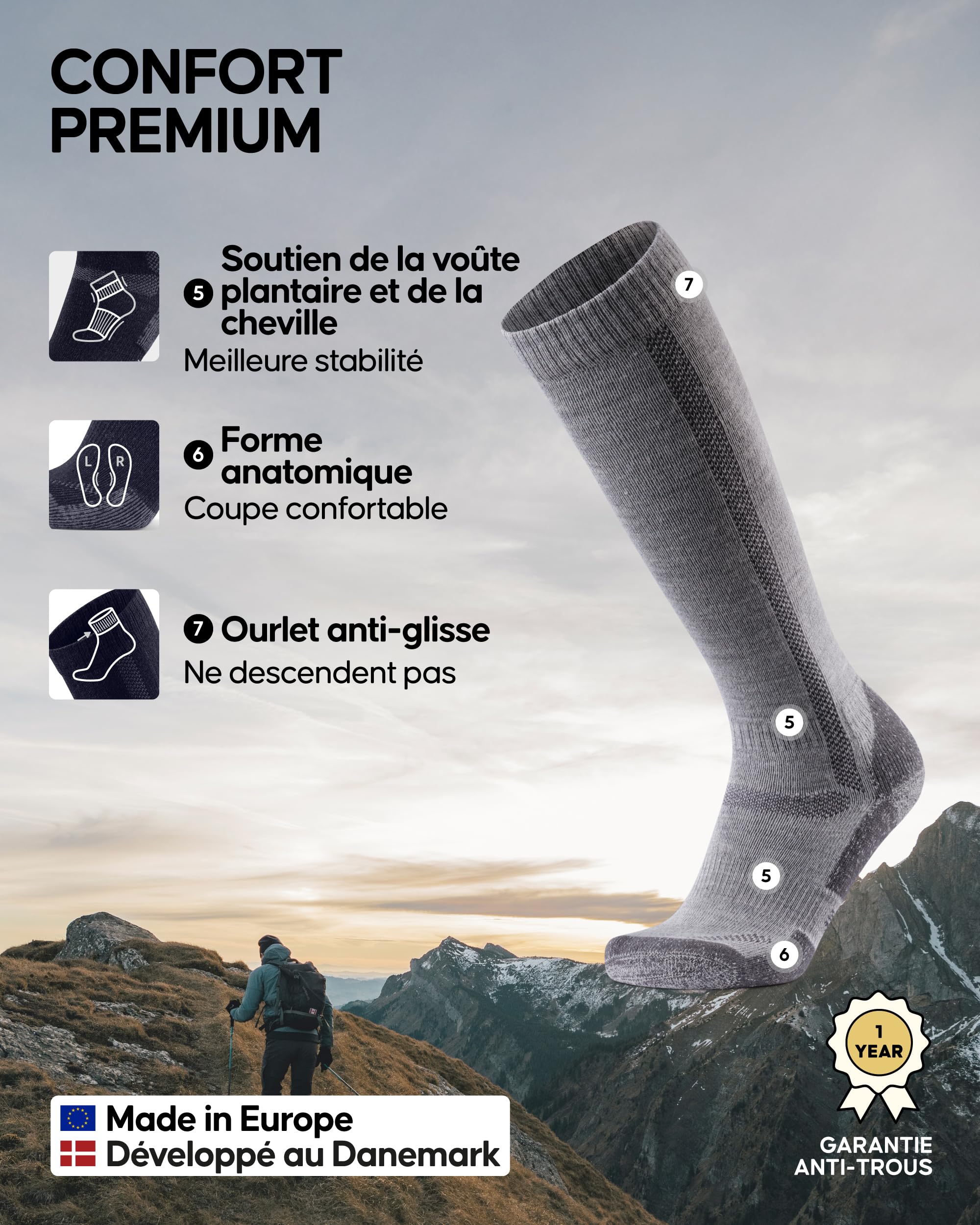 DANISH ENDURANCE Chaussettes de Randonnée en Laine Mérinos montant, Chaussettes Thermiques Longues avec Rembourrage Épais pour Hommes et Femmes, Unisexes, Lot de 1 ou 3