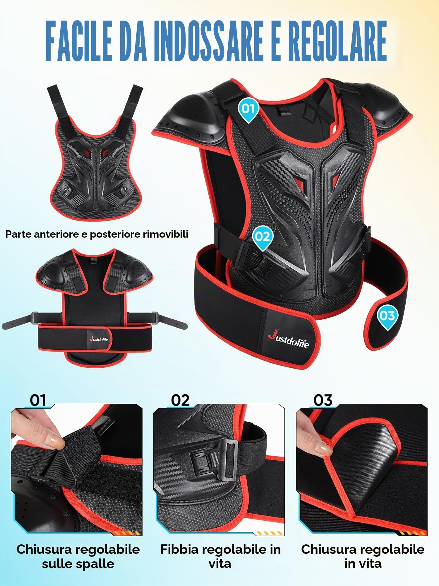 Armatura Moto per Bambini - JUSTDOLIFE Protettore Motocross a Guscio Spesso per Giovani Adolescenti con Protezioni per Ginocchia Gomiti Braccia e Spalle per Ciclismo Fuoristrada sci (Nero-Rosso)