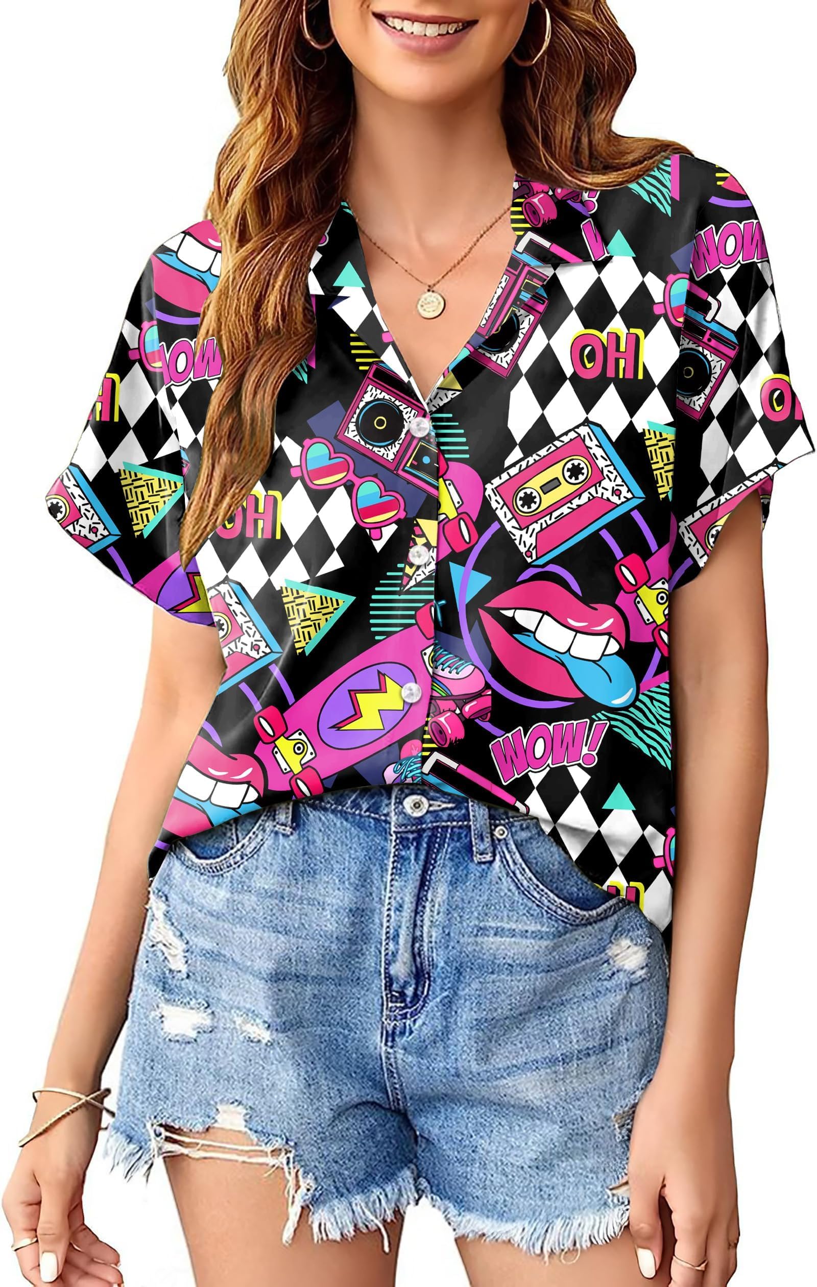 Hawaii Shirt Damen Vintage 90er Hemd läSsiges Retro 80er Nostalgia Shirts Bluse Tops