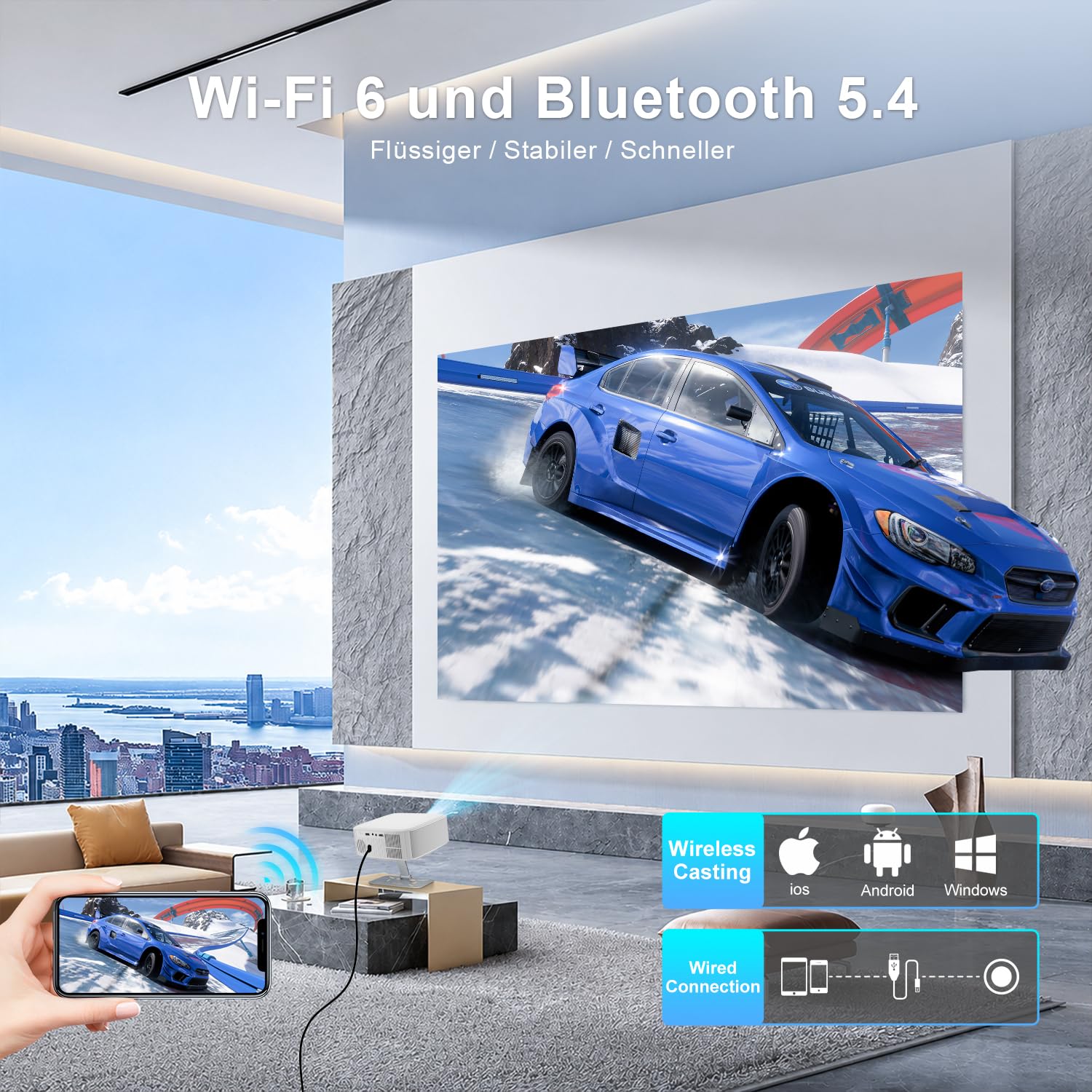 Salange Proyector, 1080P Nativo Compatible con 4K,Inteligente Android 14 Proyector con WiFi6 y Bluetooth 5.4 Enfoque Electrónico y Corrección Automática, Integrado en Youtube/PrimeVideo