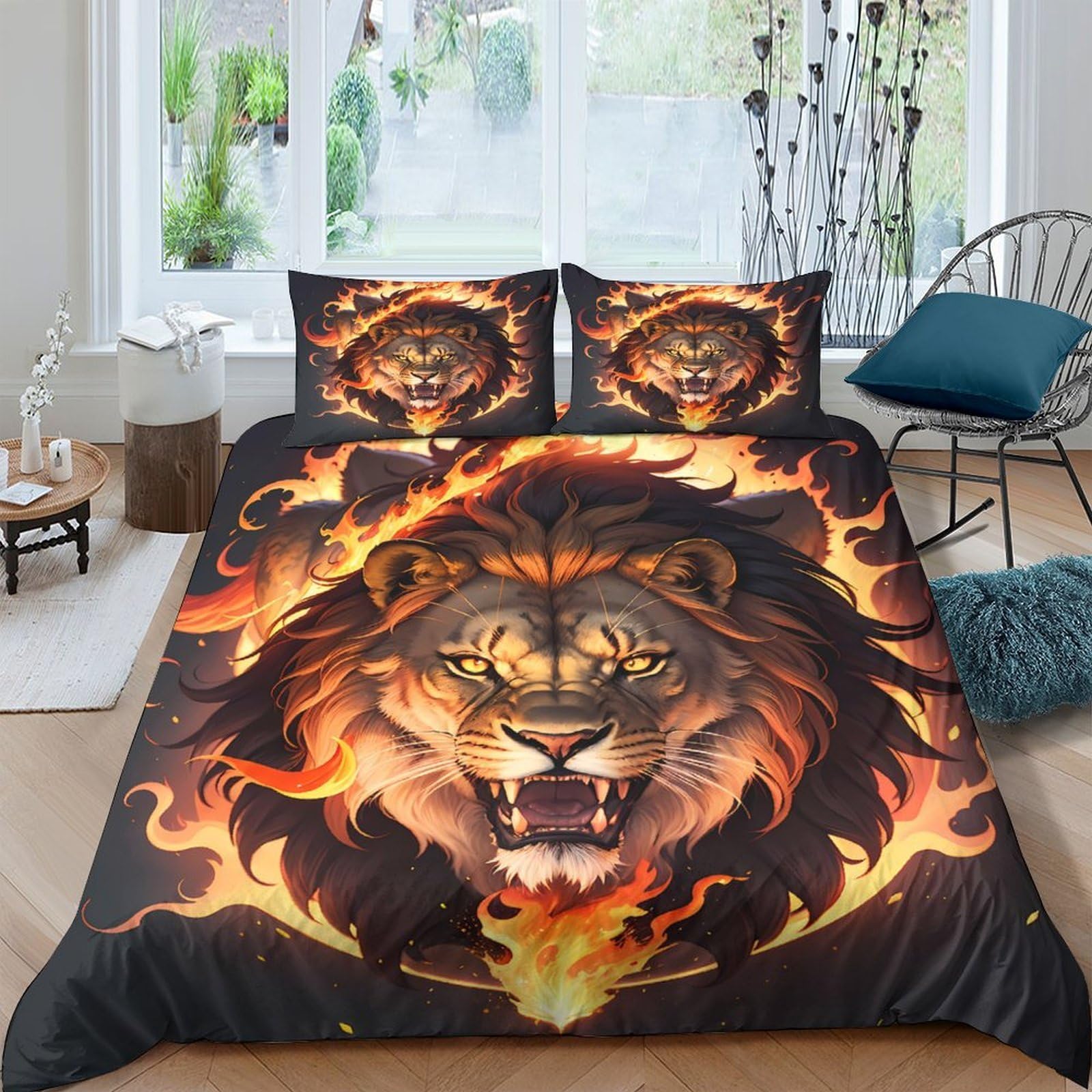 Ctjqhvkz Style-3 3D Printed Fire Lion Fitted Sheet Microfiber Black Orange Flame Mattress Cover Anti-Slip Machine Washable For Bedroom Dorm Decor Single（135X200cm）