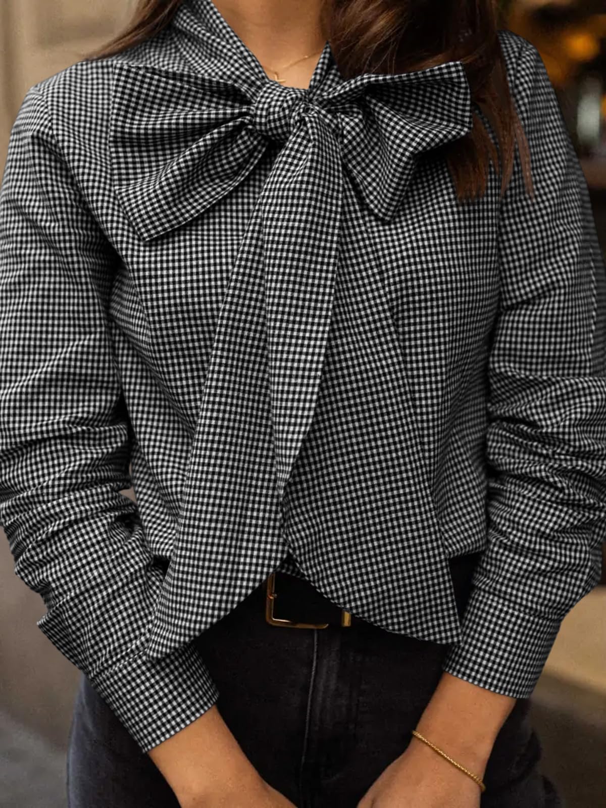 Cicy Bell Camicetta da donna a quadri con fiocco, collo con bottoni, a maniche lunghe, stile casual