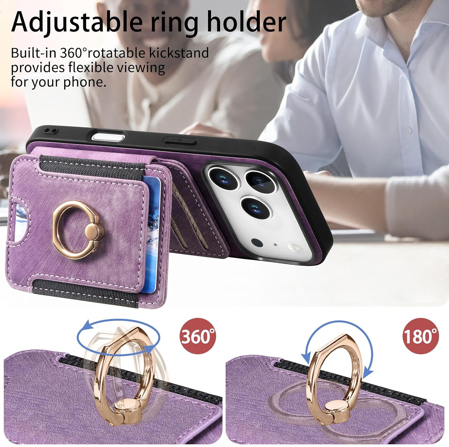 for iPhone 17 Pro Phone Case Wallet with Card Holder,PU Leather Flip Folio Case,RFID Blocking Ring Holder Kickstand Wrist Strap Magnetic Protective Women Men Cover for iPhone 17 Pro Purple - Image 6