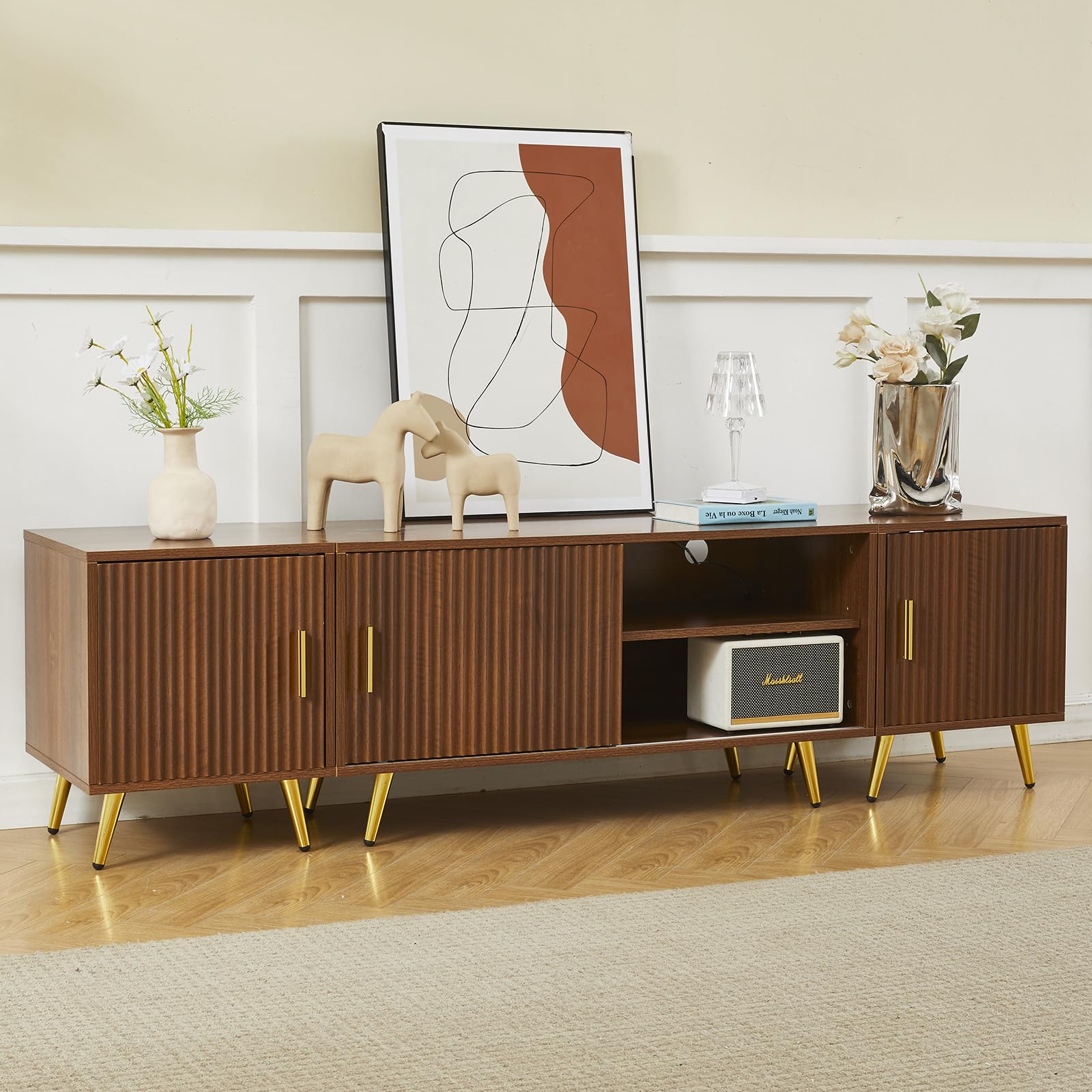 Mid-Century TV Stand with Gold-Capped...