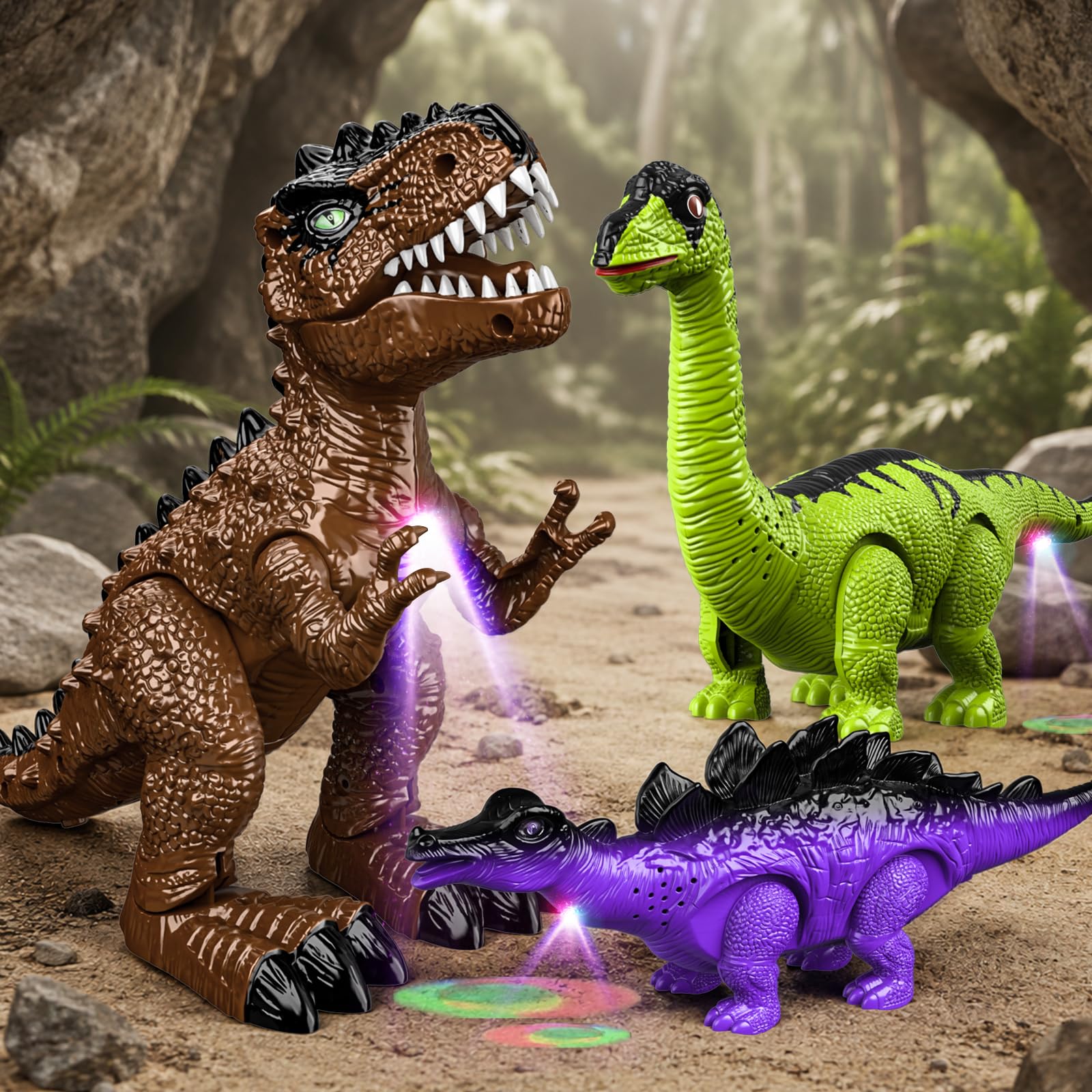 3 Pezzi Giocattoli Dinosauri per Bambini 3-7 Anni, Robot Elettrico Camminante con Suoni e Luci LED, Set T-Rex Brachiosauro Stegosauro, Regalo di Compleanno Bambino Bambina