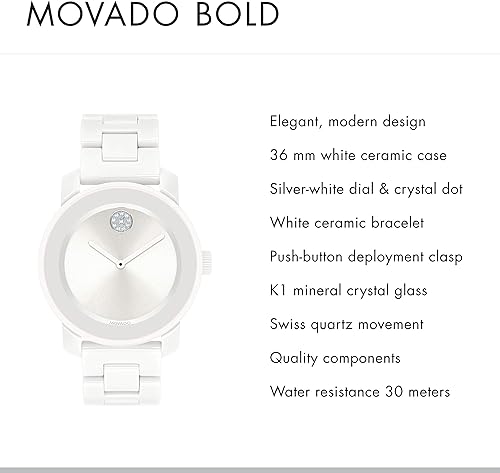 Miniatura 2 de Movado Caja de acero de cerámica blanco llamativo para mujer y pulsera de eslabones, color blanco, Blanco