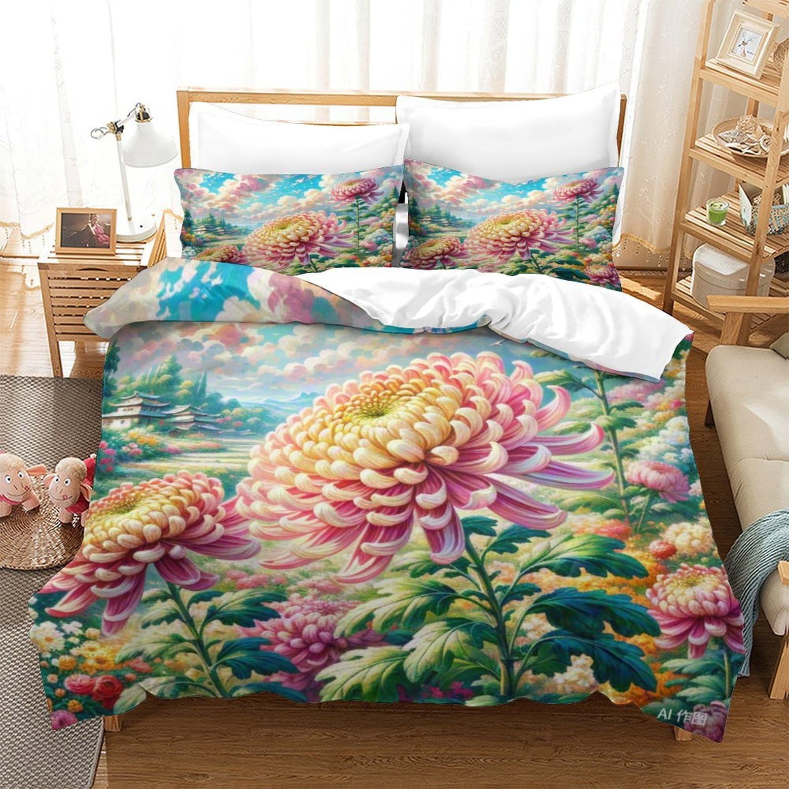 Housse de couette chrysanthème 3D Super King 260x220cm en microfibre douce avec sa taie d'oreiller