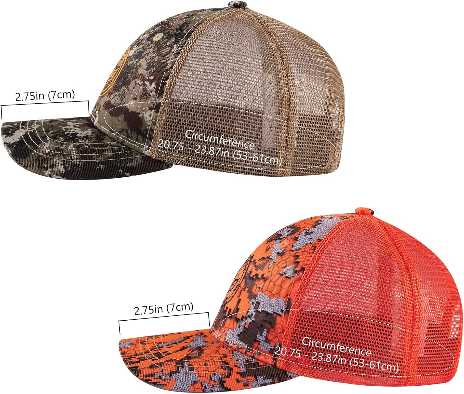 BASSDASH 2 Pack Altimate Fishing Hunting Hat Mesh Back for Men Women Adjustable Baseball Trucker Cap Camo Blaze Orange