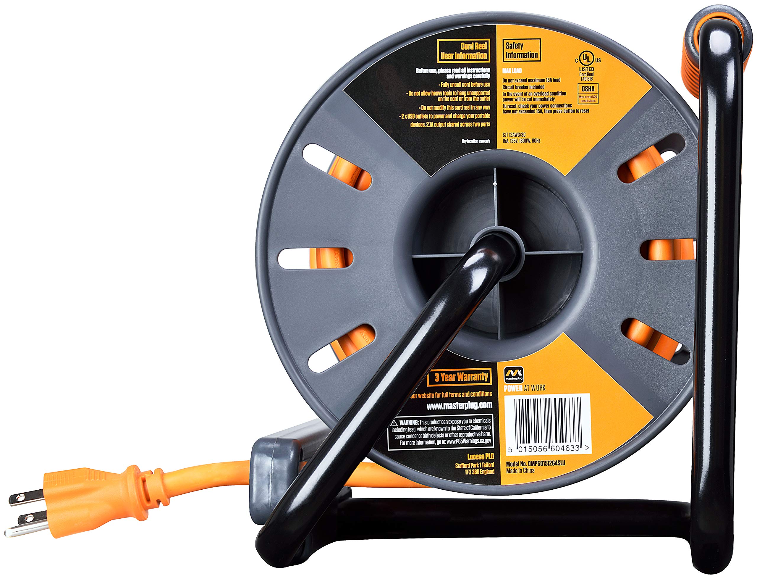 Masterplug 60ft Heavy Duty Extension Cord Open Reel - 4 120V 10Amp