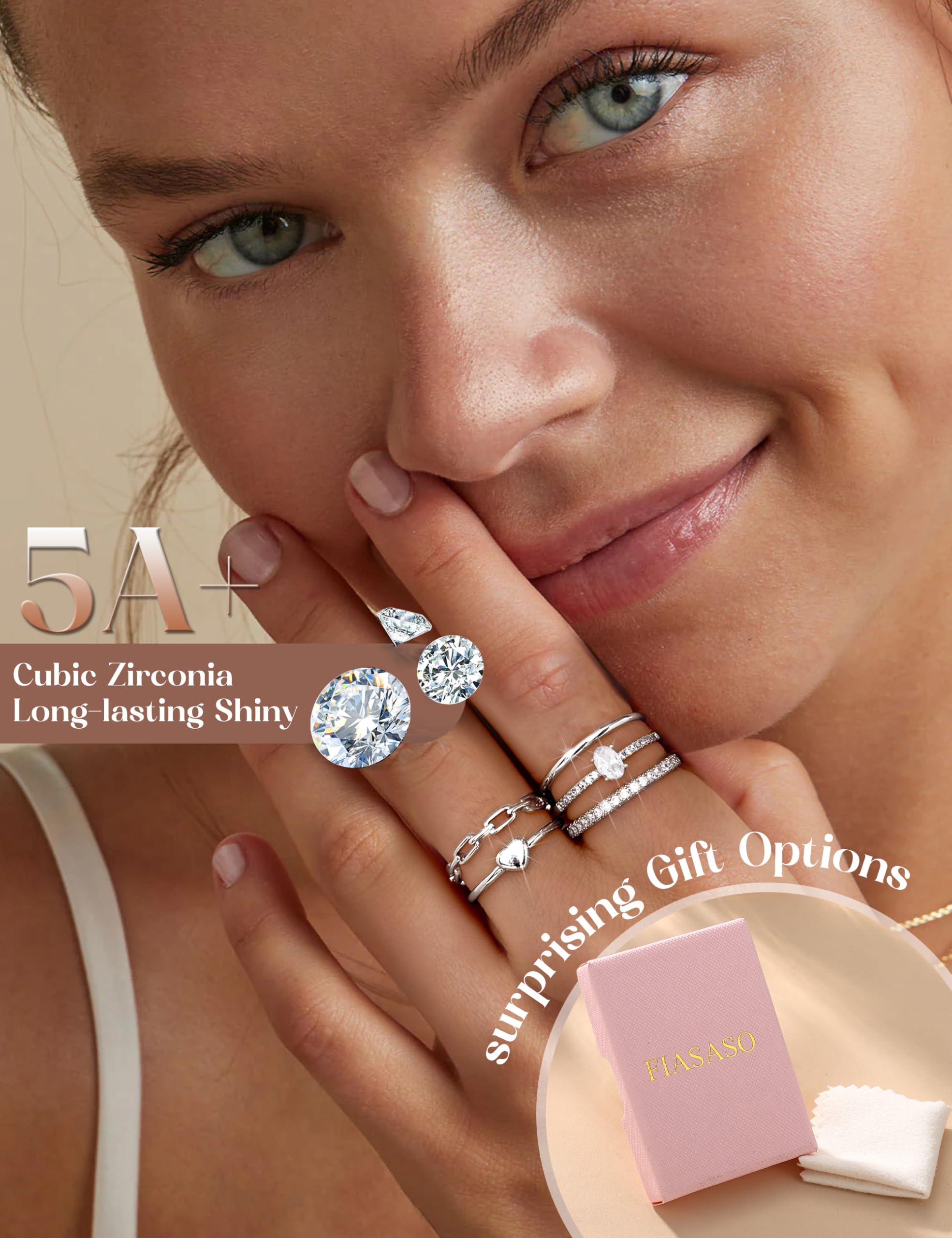 5 anillos apilables de plata para mujer, no se deslustra, delicados anillos apilables de circonita cúbica, impermeables, anillos de plata minimalistas para mujeres, a la moda, sin deslustre 4