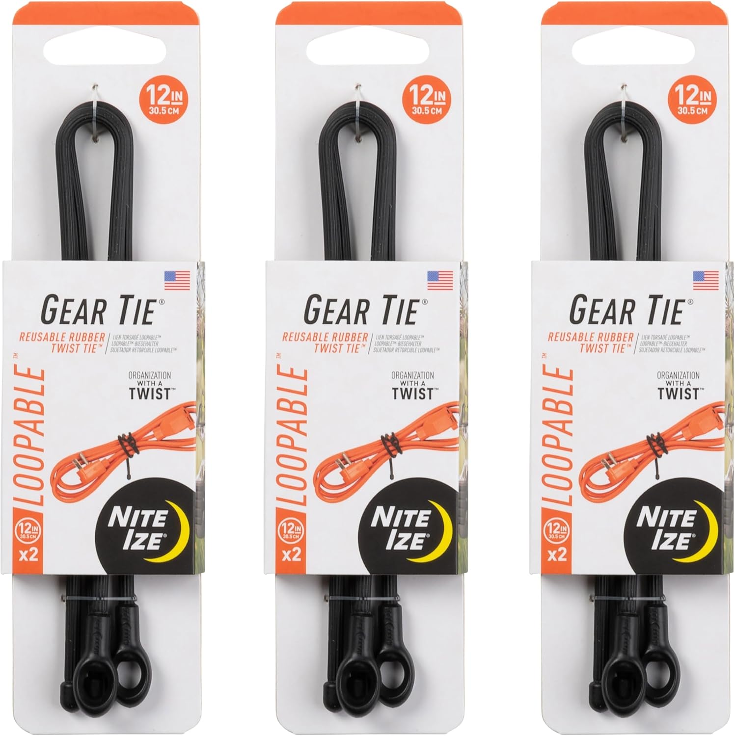 Nite Ize Gear Tie Loopable Twist Tie - Reusable & Flexible Twist Ties - Bendable Cable Ties for Gear & Cords - Loopable for Secure Fastening - 18", Neon Yellow (3 Pack)