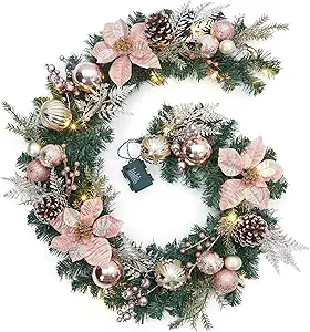 GarveeHome 6ft Prelit Christmas Garland for Mantle, Battery Operated Xmas Garland with 20 LED Lights Timer Rose Gold Balls for Fireplace Stair Railing TV Stand Indoor Outdoor Holiday Decor