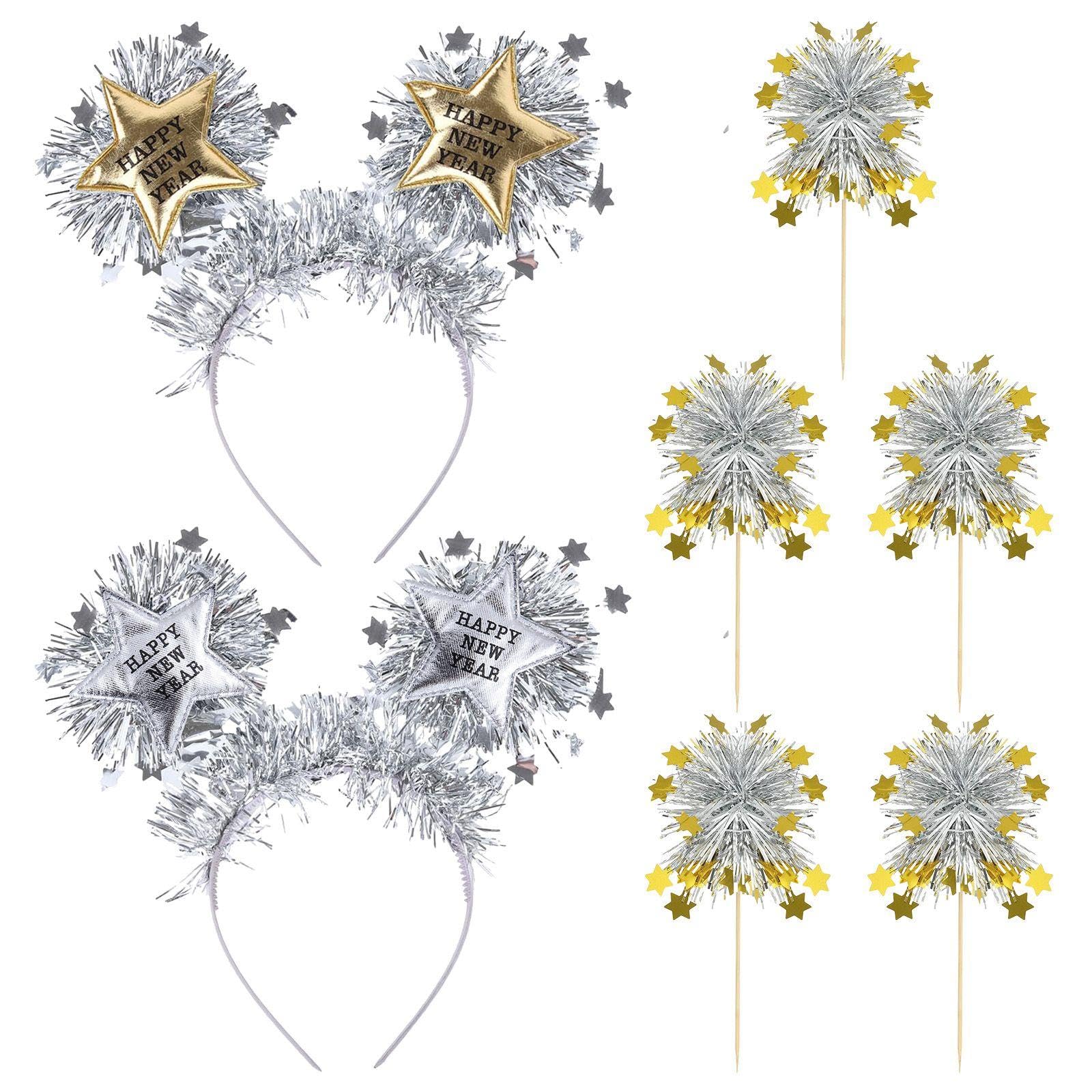 Memofynd Silver 2 Happy New Year Rain Silk Hairbands, 5 Star Rain Silk Inserts, New Year Headband Hair Accessories, Interesting Photo Props, New Year Party Decorations