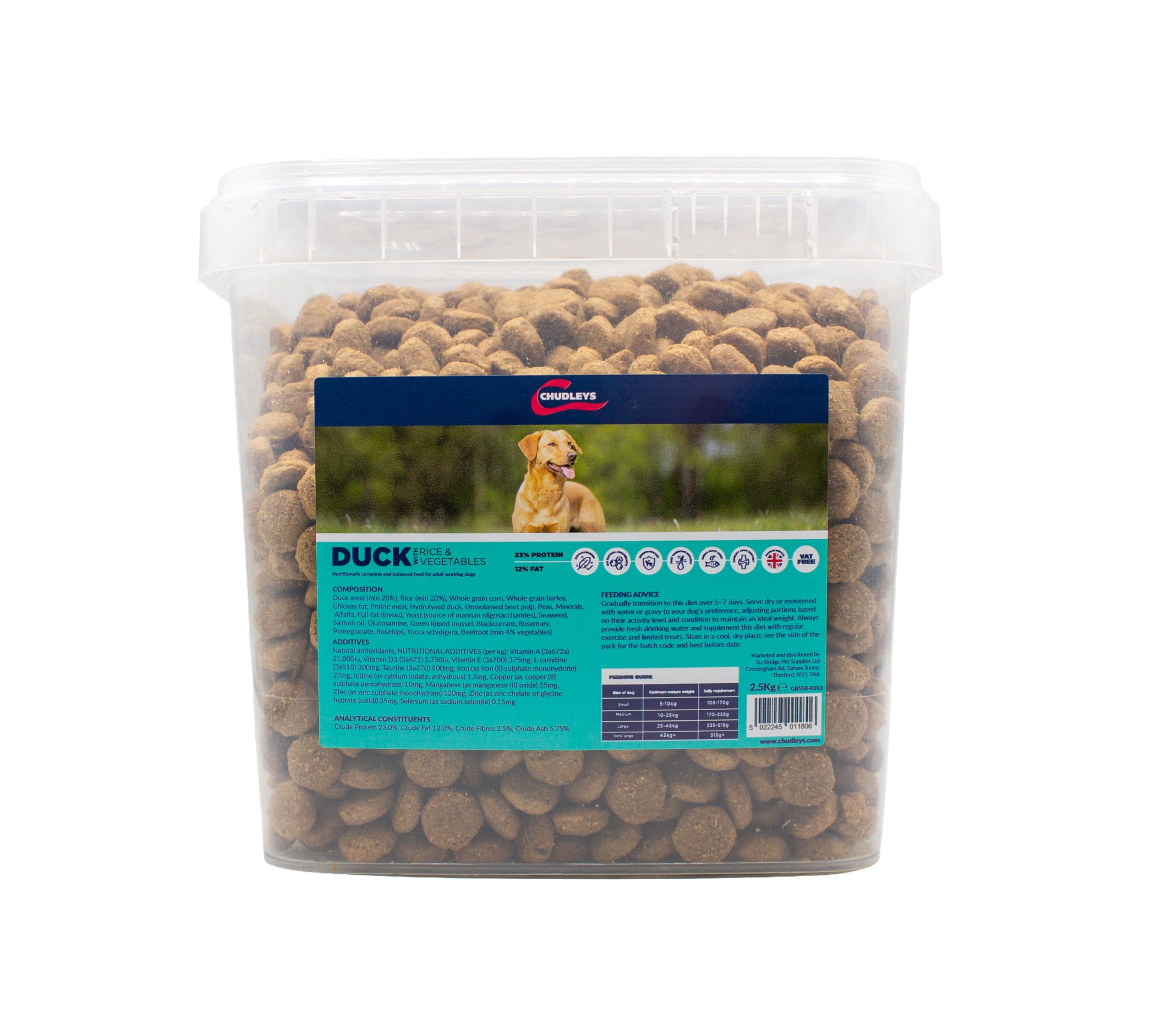 Chudleys Duck, Rice and Vegetables Adult Dog Food Bucket 2.5kg - Complete Dry Working Dog Food with Joint Support, Prebiotics and Omega 3