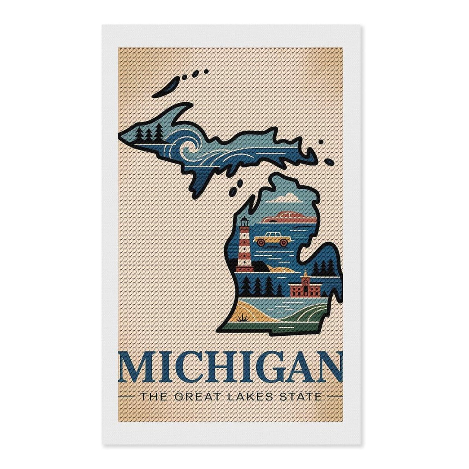 Junmoney Michigan The Great Lakes State Illustration Diamond Art Canvas 12"x20", for Adults, Mindful Craft Activity, Modern Decor, Christmas Gift, Full Kit Included