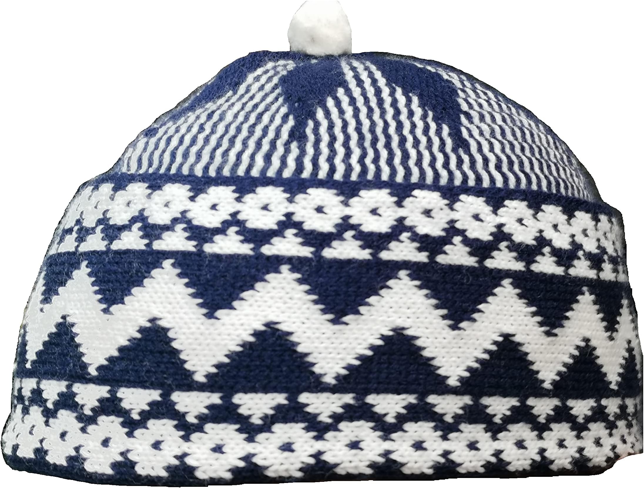 Mens Zigzag HAJI Cap - Kufi All Season Muslim Prayer TOPI Beanie HAT Crown with White Ball - Stretchable ONE Size
