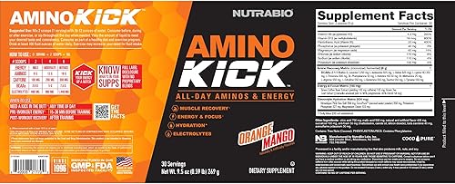Vista 12 de NutraBio Amino Kick - BCAA en polvo con cafeína natural - Suplemento de aminoácidos para energía, hidratación y recuperación - BCAA, electrolitos