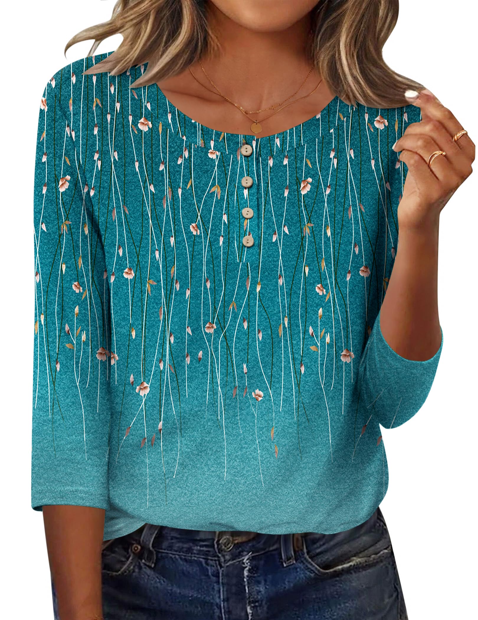 Zeagoo T-Shirts Femmes Hauts pour Femmes à Manches 3/4 Chemisiers Basiques Élégants Chemisiers Décontractés Henley S-XXL