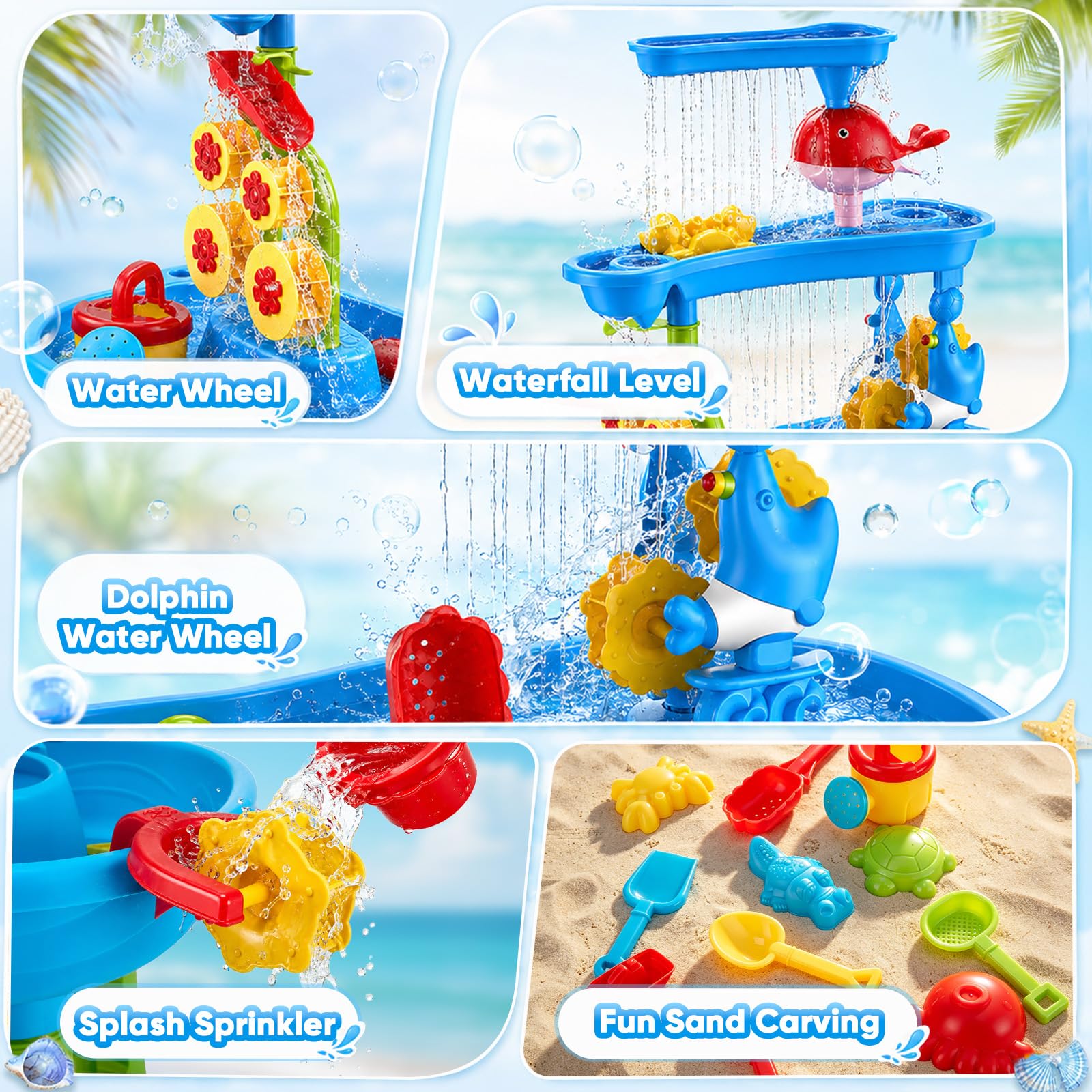 Tavolo da gioco 2 in 1 per bambini, stabile e affidabile, 3 livelli, effetto ruota d'acqua, con cascata e accessori di animali marini, giocattolo d'acqua per bambini, per esterni, giardino, terrazza