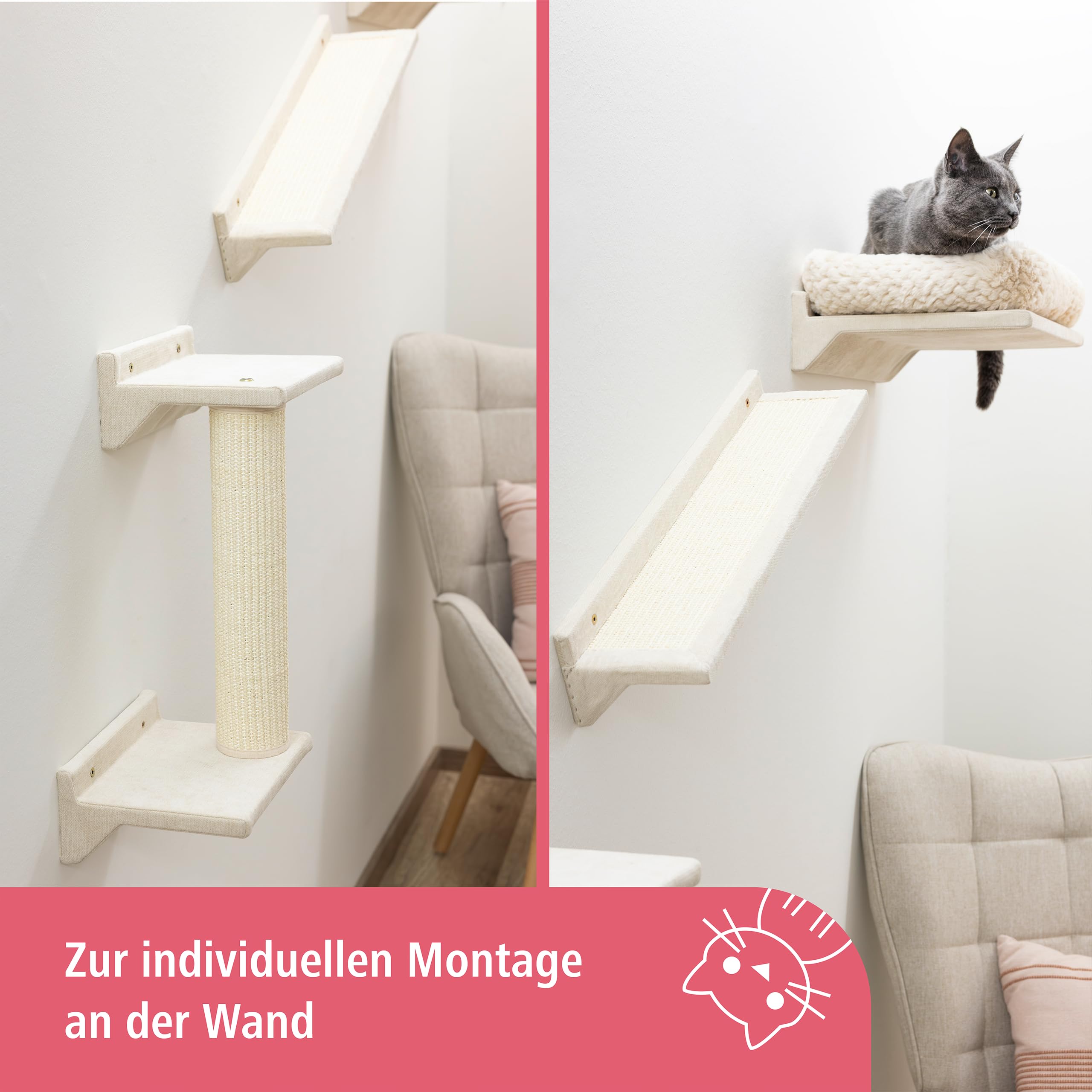 Kerbl Pet Parete da arrampicata Monte Prado, tiragraffi da parete, parete da arrampicata per gatti, tiragraffi da montare a parete, Cat Walk gatti, cuccia, sisal, beige