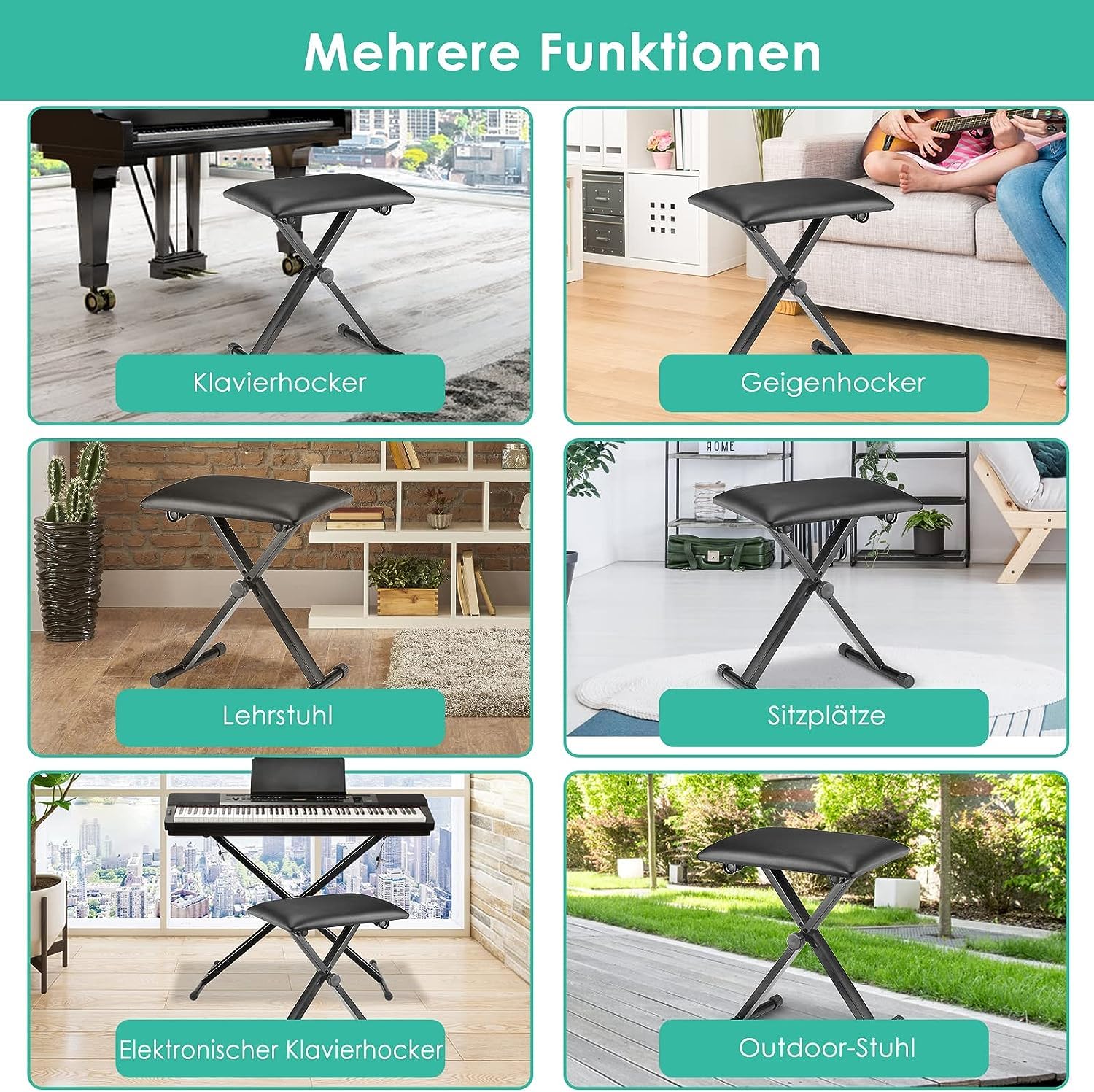 MAMIZO Keyboard Hocker Höhenverstellbare, Klavierhocker X-förmiger, Klappbare Keyboardhocker, Gepolsterte Keyboardbank, Klavierbank aus Kunstleder, Schwarz