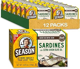 Season Sardines in Extra Virgin Olive Oil - Wild Caught, 22g of Protein, Keto Snacks, More Omega 3's Than Tuna, Kosher, High in Calcium, Canned Sardines - 4.37 Oz Tins, 12-Pack