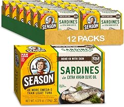 Season Sardines in Extra Virgin Olive Oil - Wild Caught, 22g of Protein, Keto Snacks, More Omega 3's Than Tuna, Kosher, High in Calcium, Canned Sardines - 4.37 Oz Tins, 12-Pack